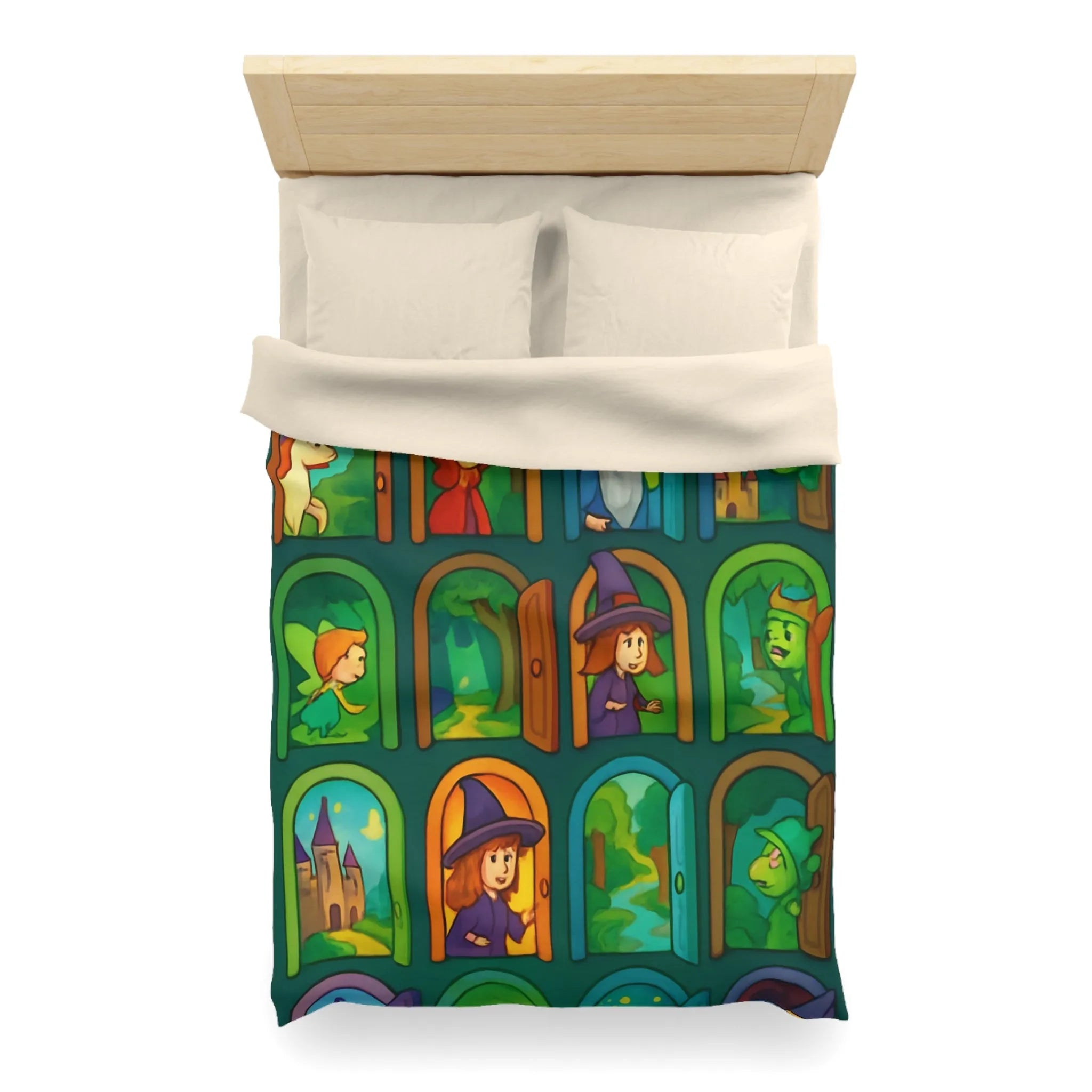 Enchantement magique avec motifs de sorcières, chevaux, et châteaux sur housse de couette