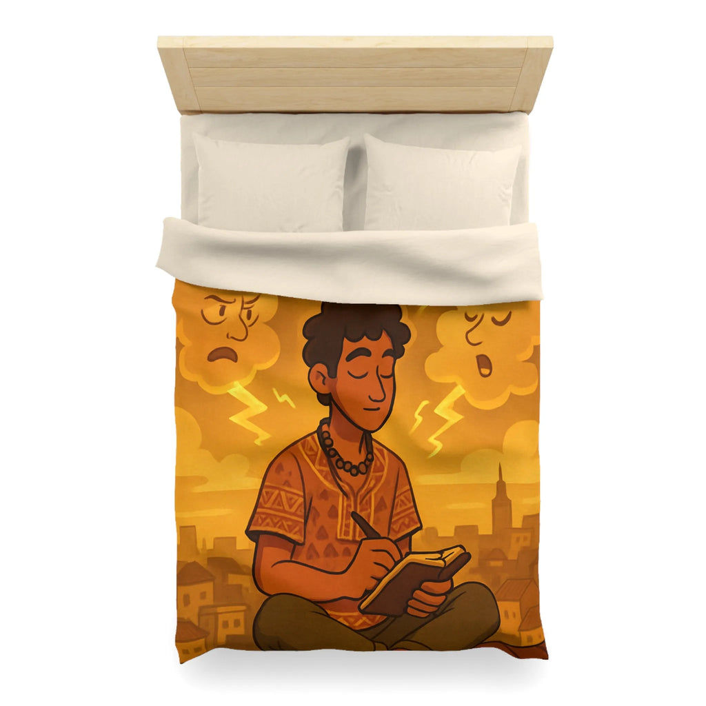 Housse de couette artistique avec motif méditatif, nuageux et expressions émotionnelles illustrées