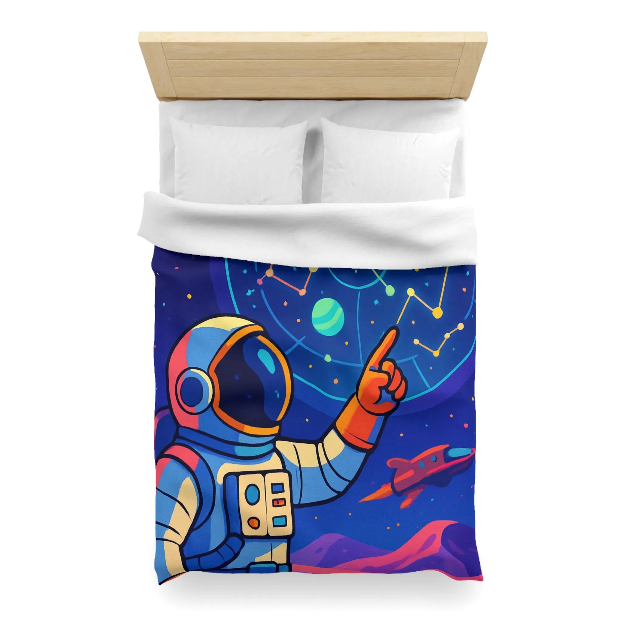 Housse de couette cosmos coloré avec astronaute, planète et carte des étoiles