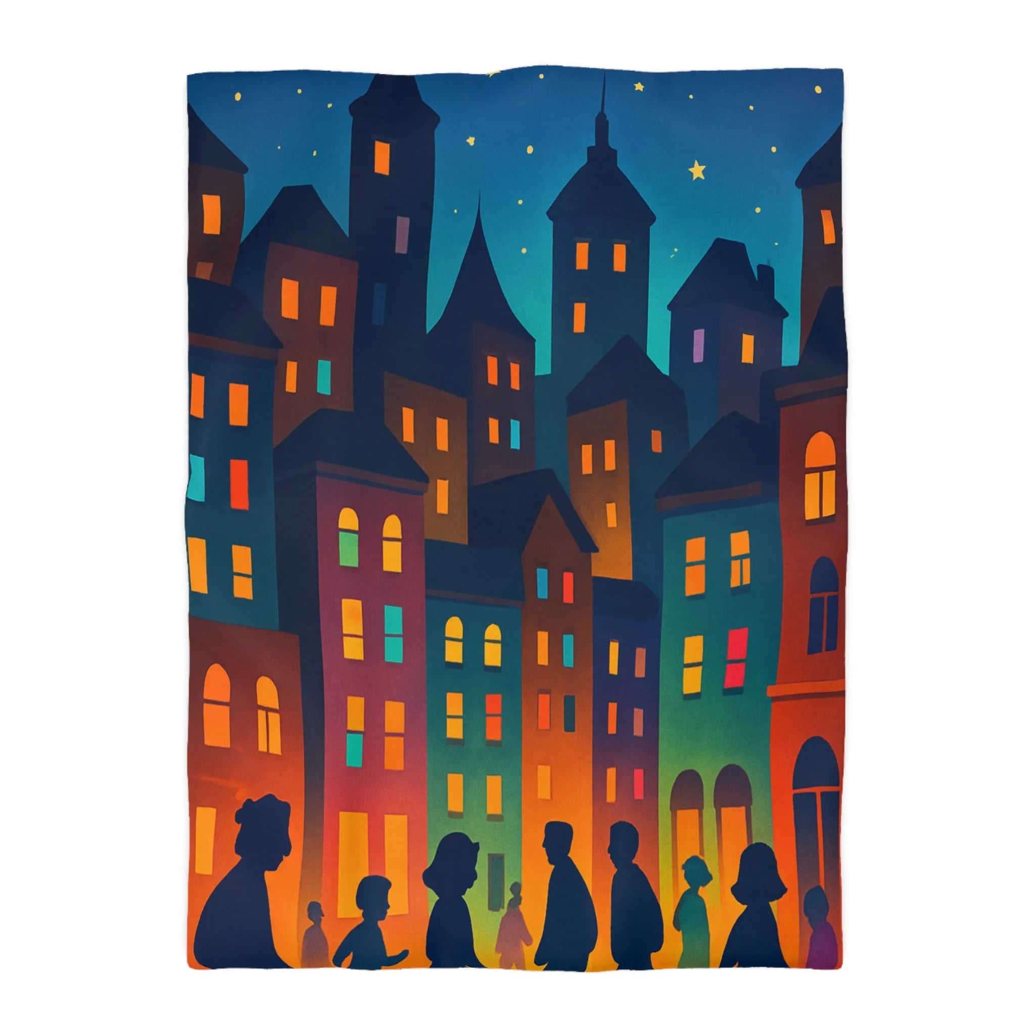 Housse de couette ambiance urbaine douce avec personnages et immeubles nocturnes stylisés