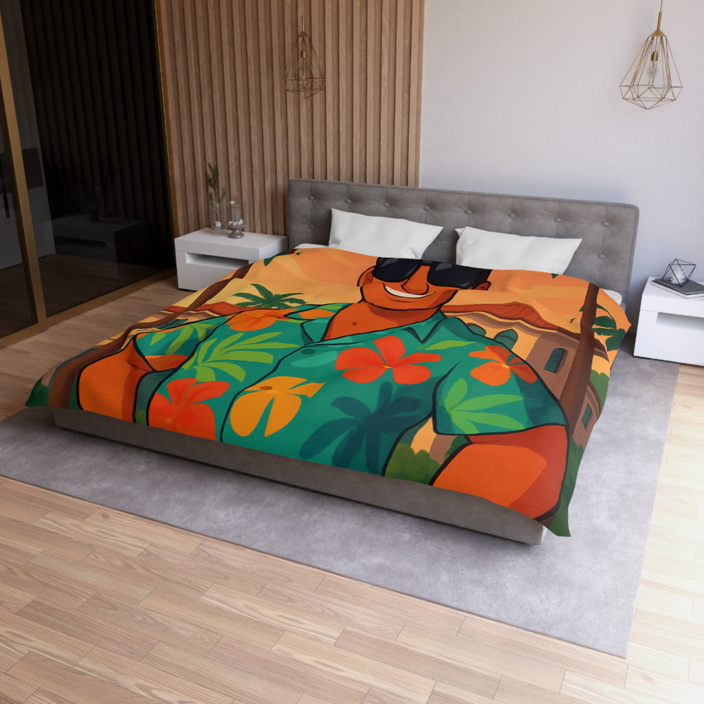 Housse de couette tropicale avec personnage souriant en chemise hawaïenne et palmiers