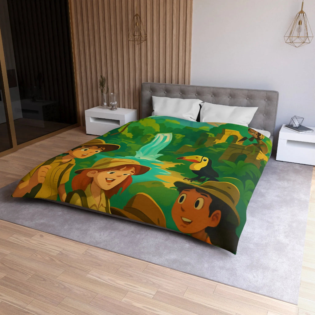 Housse de Couette Jungle Aventure Enfants avec Toucan, Monuments et Cascade Colorés