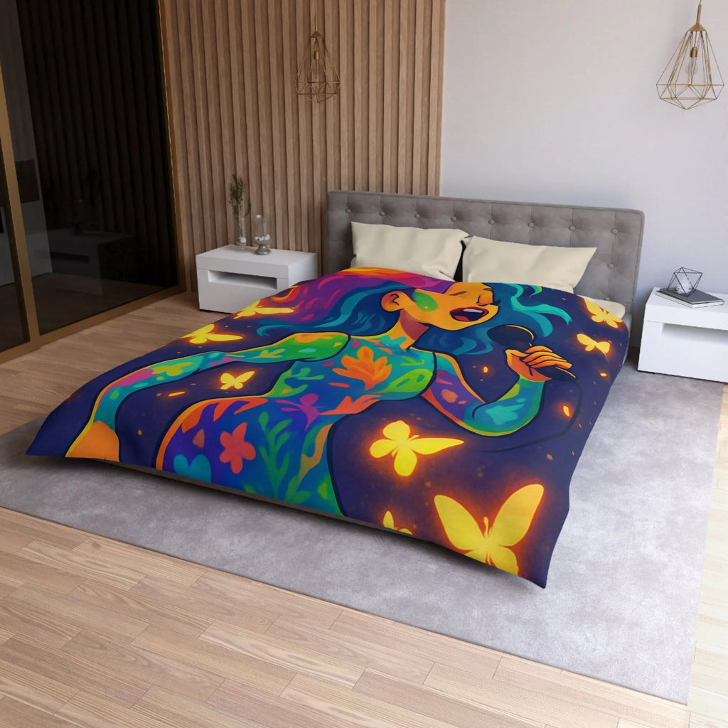 Housse de Couette Colorée : Artiste Chantant Entourée de Papillons Lumineux et Vibrants