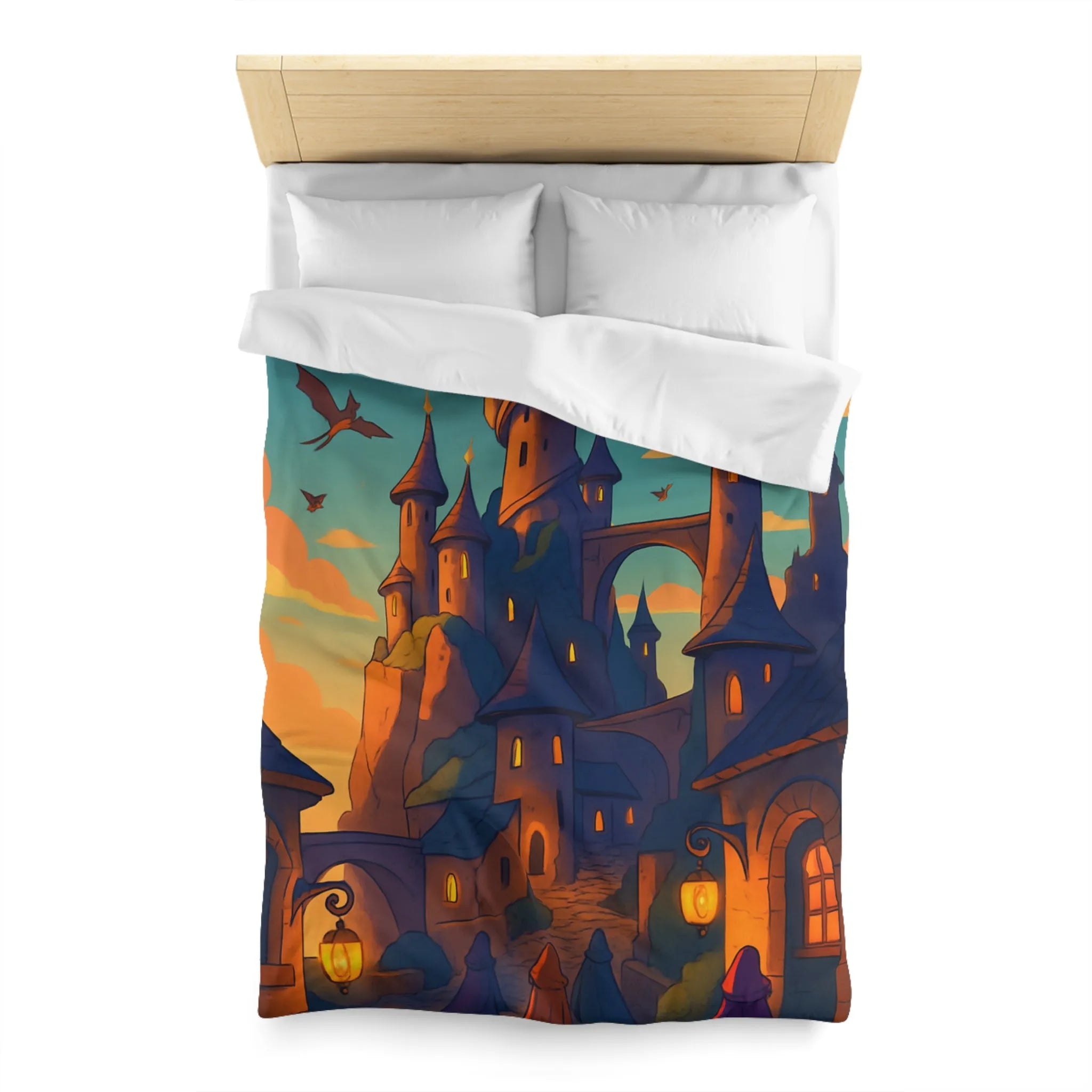 Housse de couette magique avec château féérique et créatures volantes pour rêve enchanté