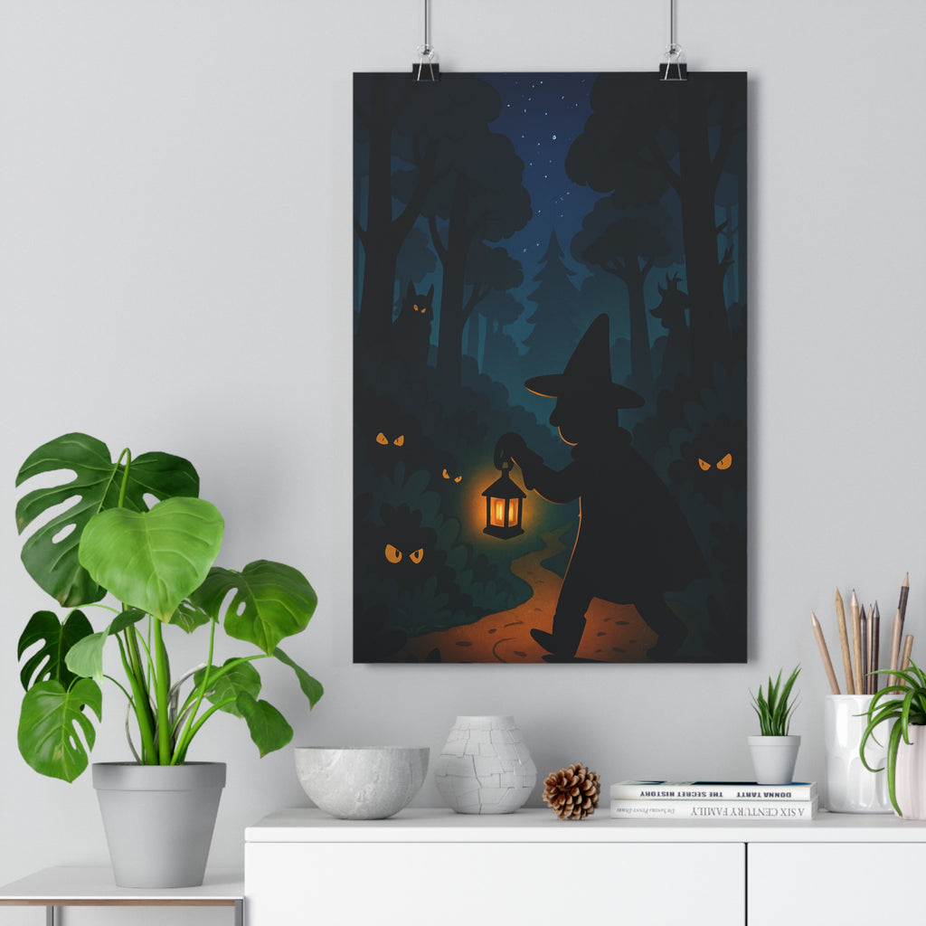 Poster décoratif mystique forêt silhouette lanterne anime sombre vert ambiance mystérieuse chambre salon qualité
