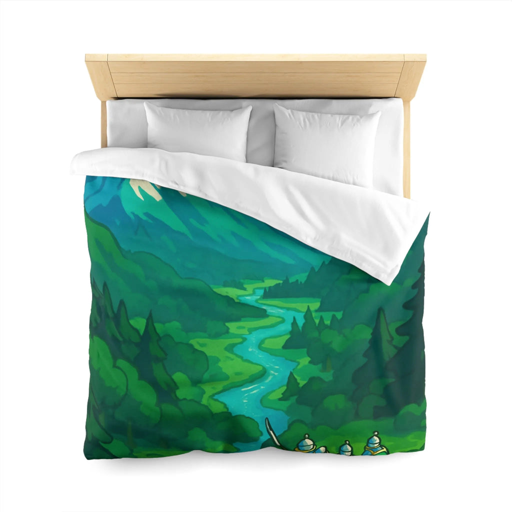 Housse de couette médiévale illustrée avec chevaliers et dragon dans paysage montagneux épique