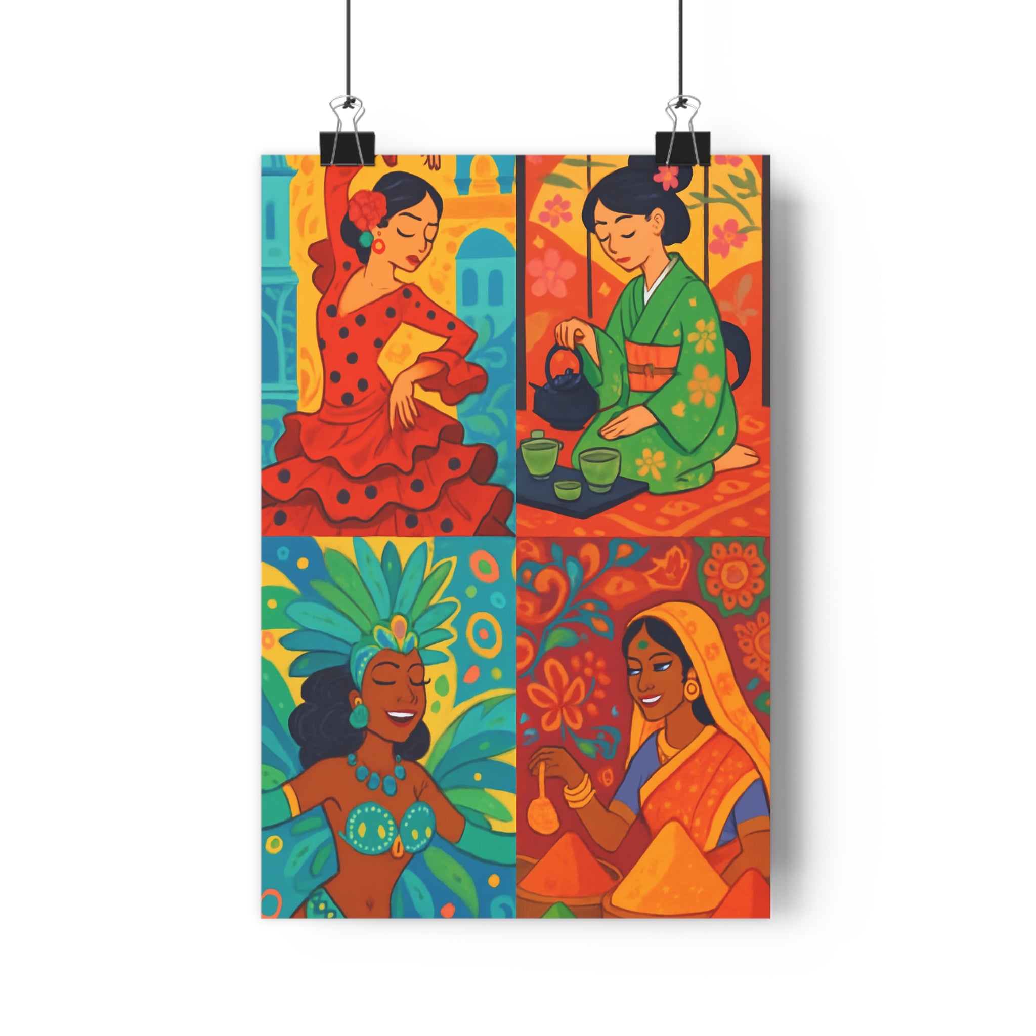 Poster décoratif vibrant rouge vert orange cartoon joyeux salon chambre style dynamique illustration culturelle