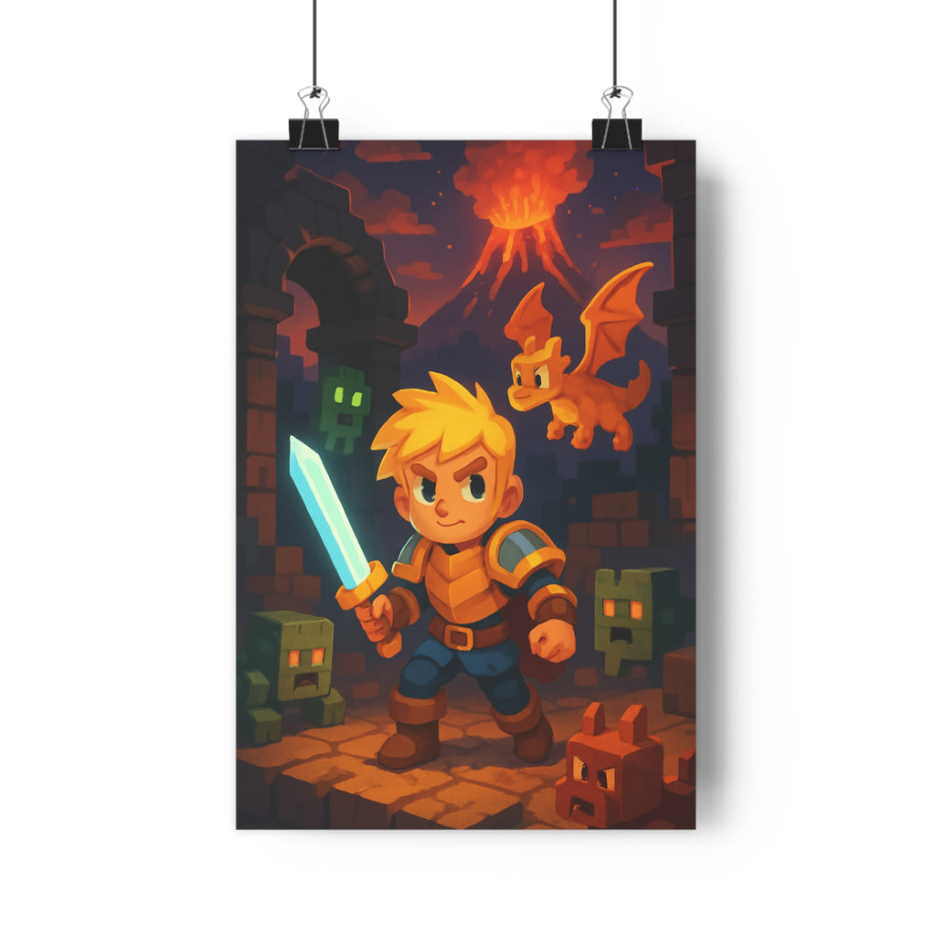 Poster décoratif épique aventure guerrier blond épée lumineuse dragon orange pixel art chambre qualité