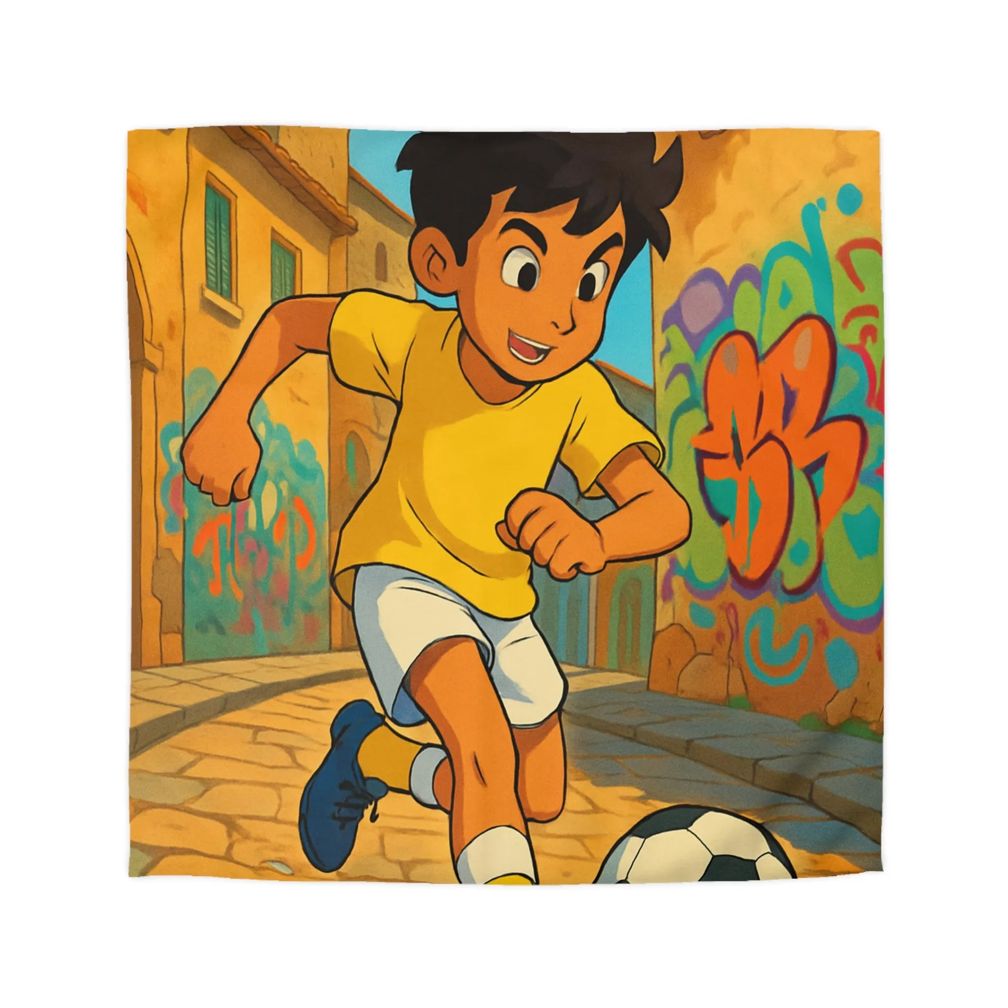 Housse de couette jaune enfant illustrant garçon jouant au football dans une ruelle colorée