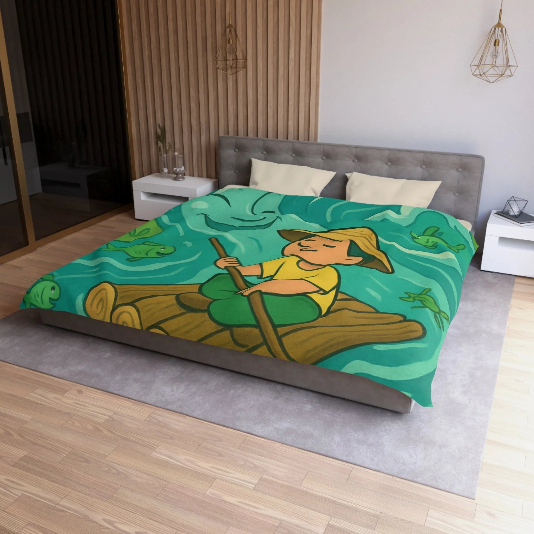 Housse de Couette Enfant avec Illustration Rêveuse de Rivière et Pêcheur Heureux