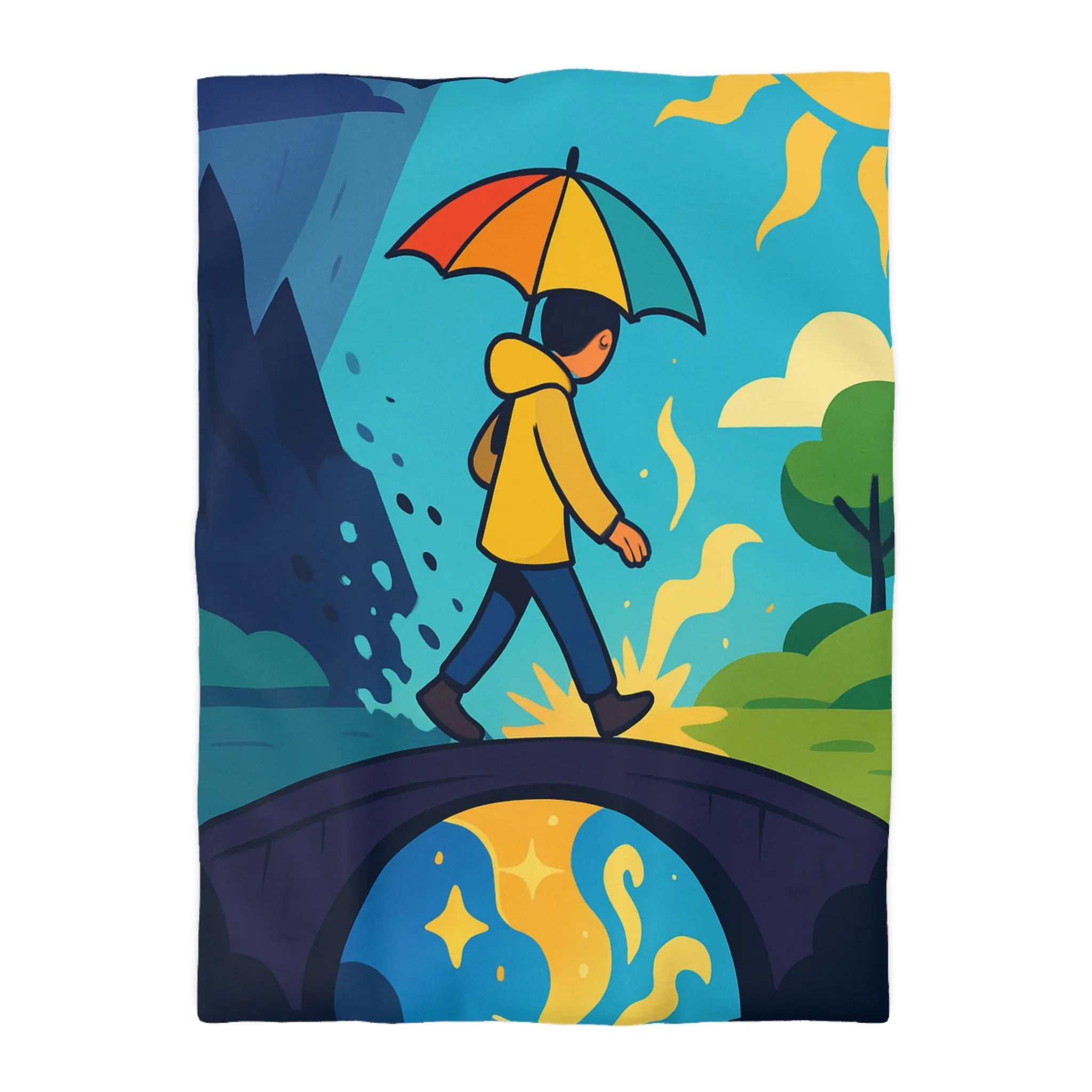 Housse de Couette Colorée avec Design de Personnage Sous Parapluie Multicolore