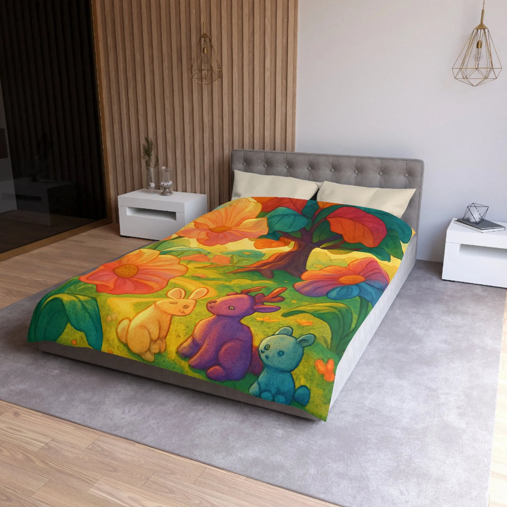 Housse de couette avec animaux mignons et fleurs colorées dans une forêt féerique