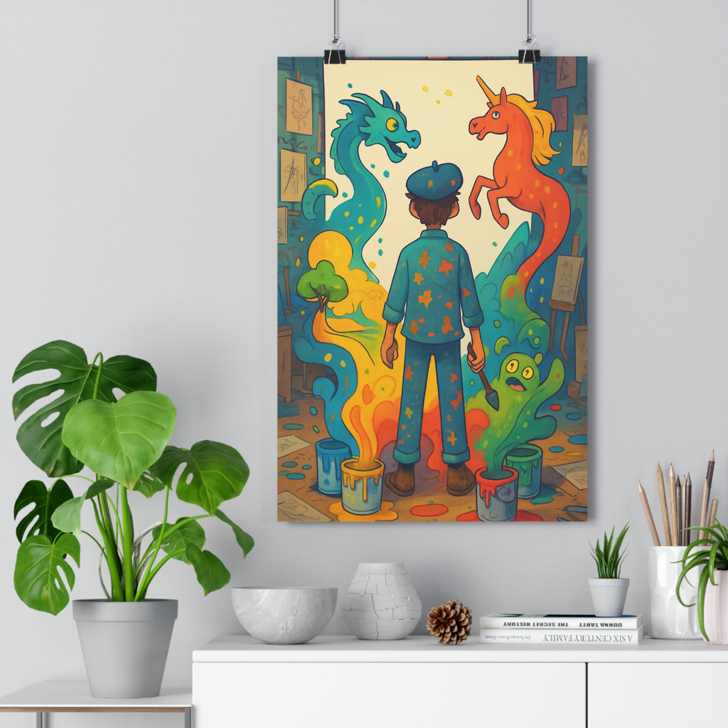 Poster décoratif artiste fantastique bleu orange mystique vibrant chambre bureau art mural unique qualité
