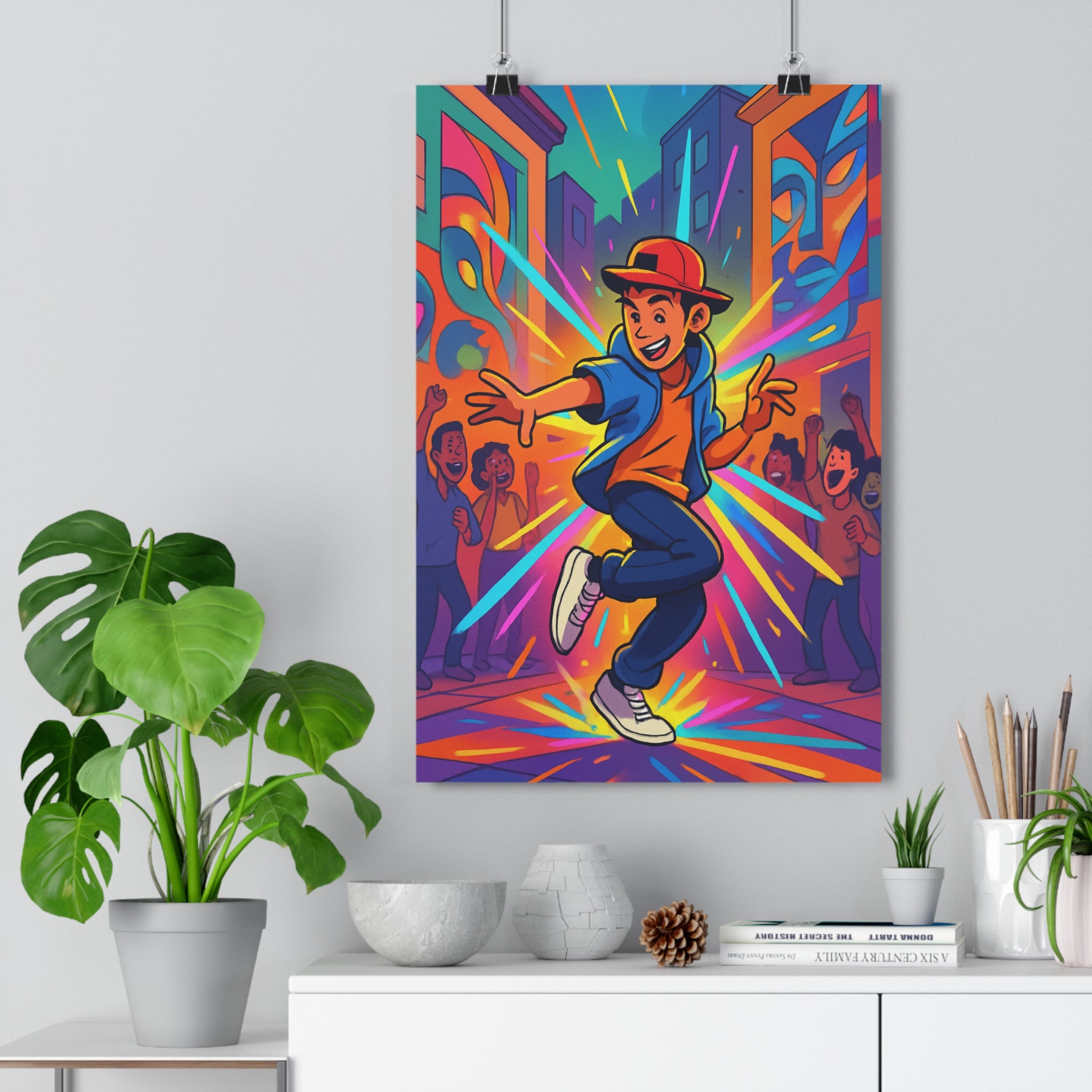 Poster décoratif anime dynamique bleu orange rose vibrant chambre salon moderne ambiance festive qualité