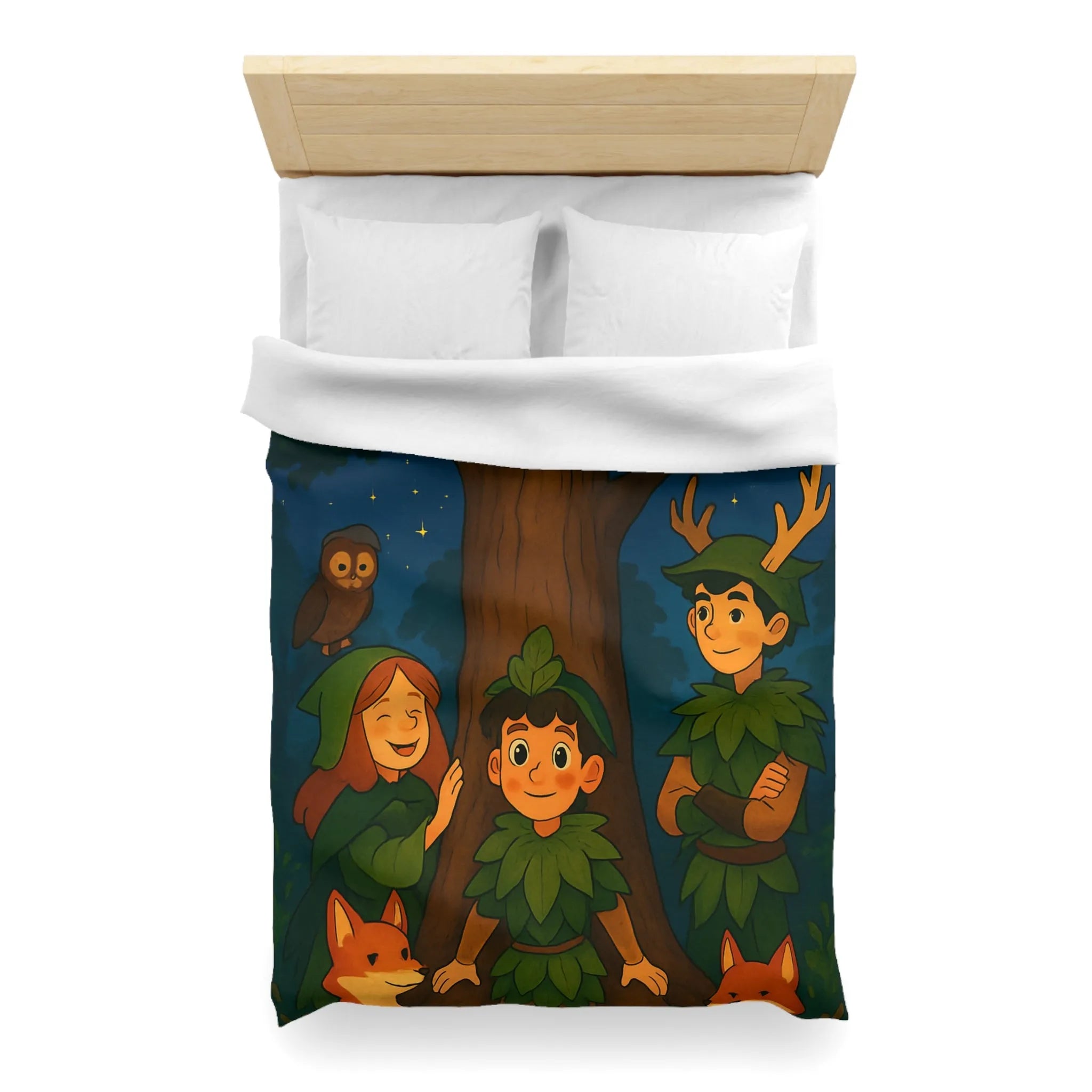 Housse de Couette Forêt Enchantée avec Animaux, Arbre et Enfants en Tenues Végétales