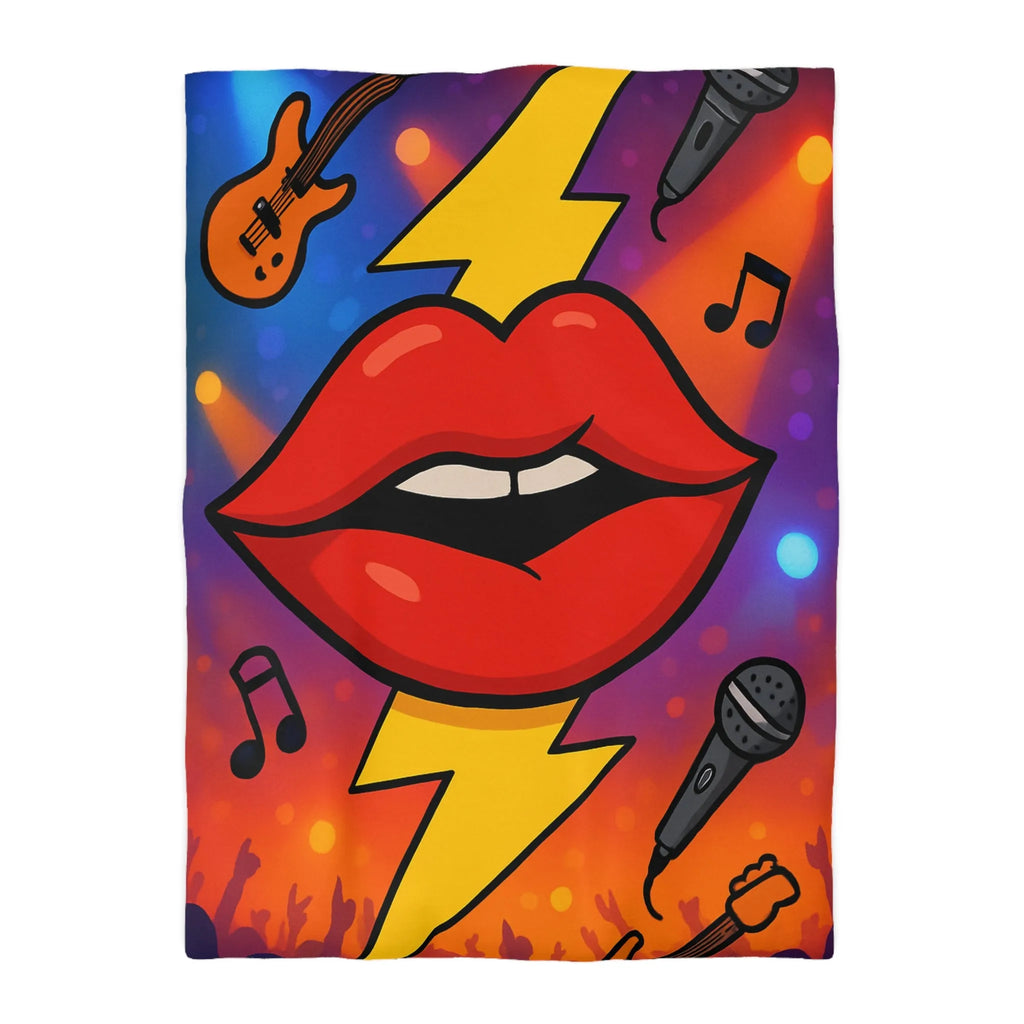 Housse de couette design rock multicolore avec lèvres éclairs, micros et guitares