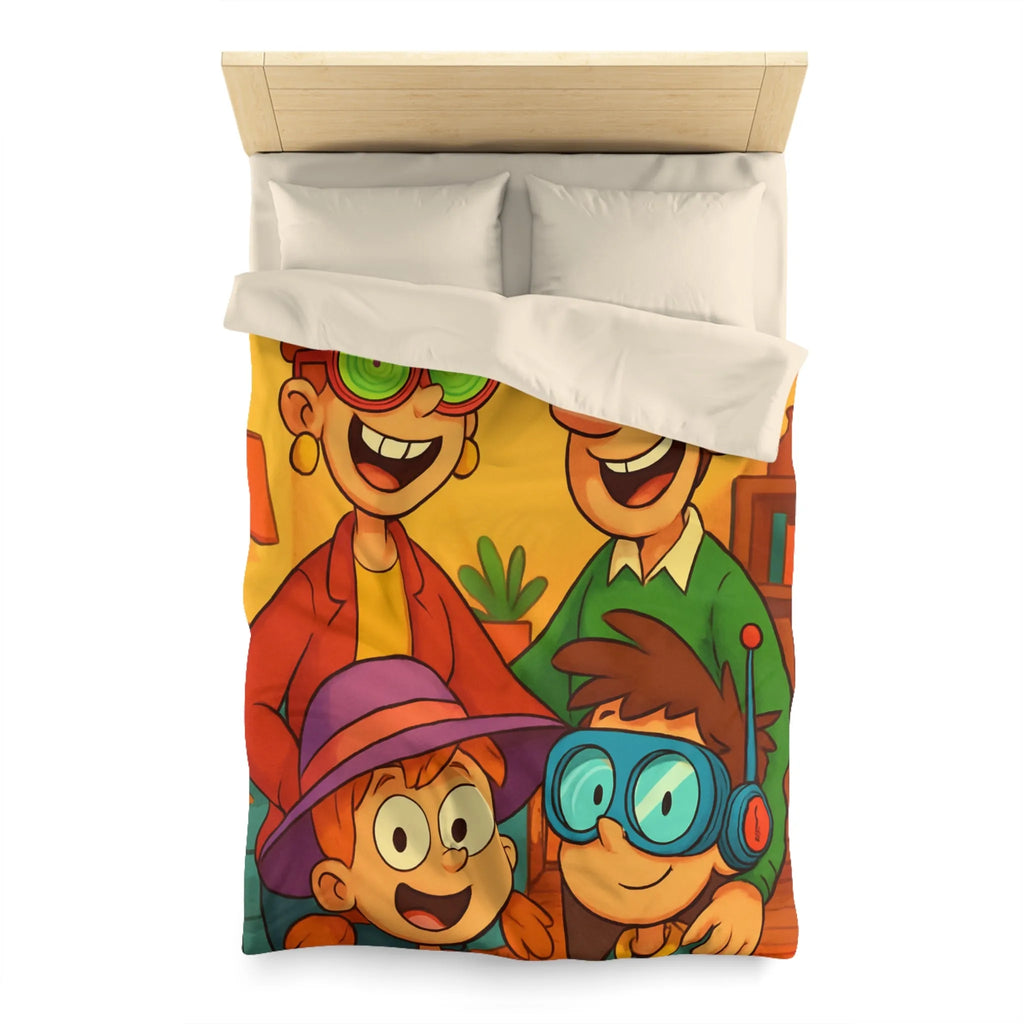 Housse de couette joyeuse avec une famille amusante et colorée, lunettes originales