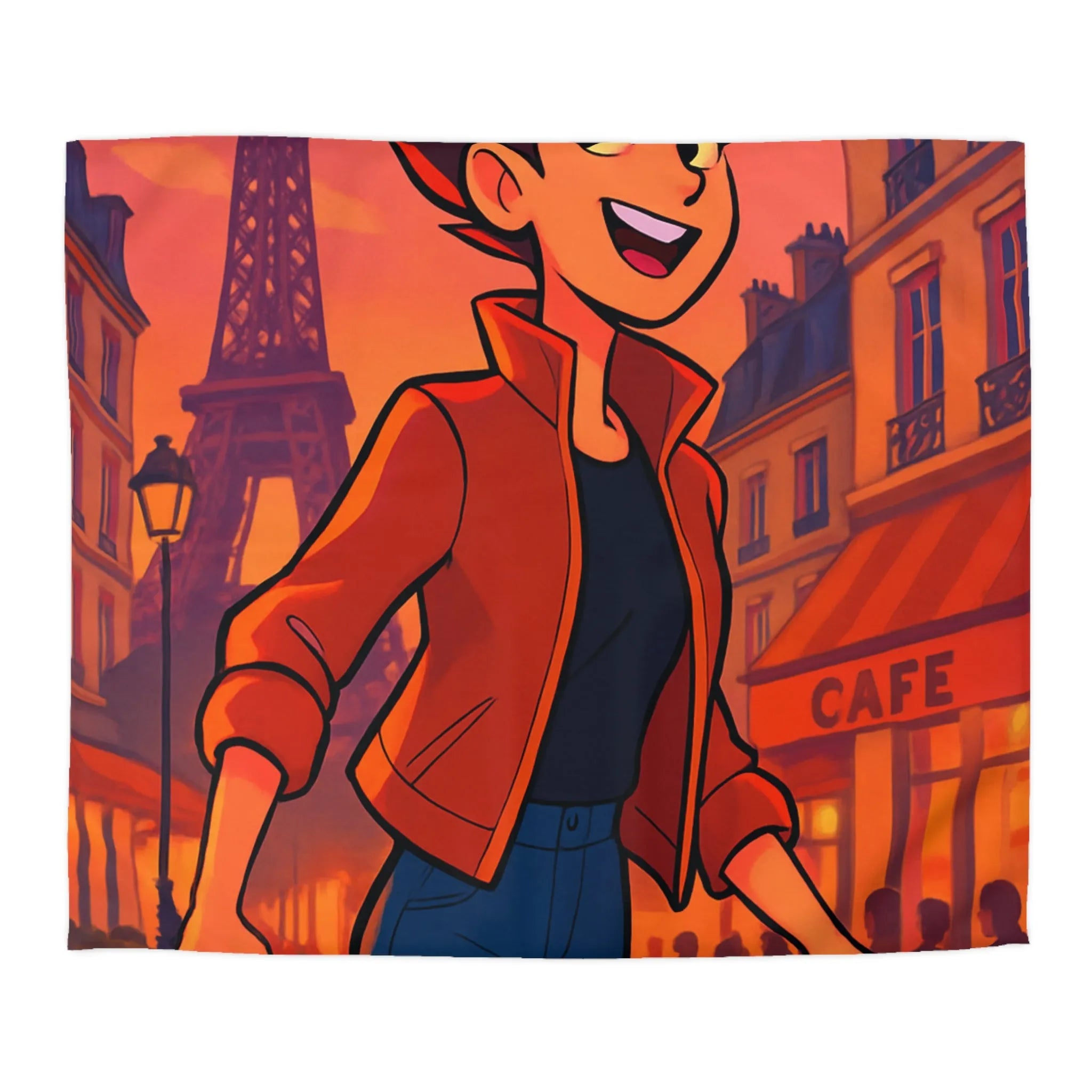 Housse de couette colorée avec illustration parisienne animée d'une silhouette joyeuse