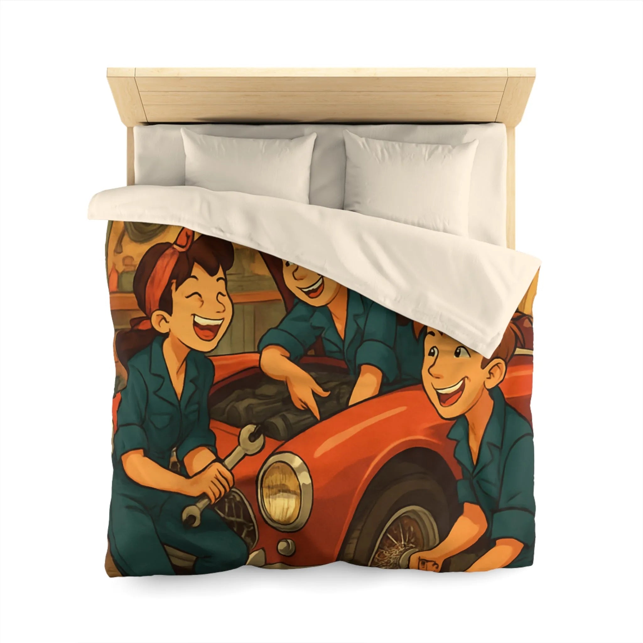 Housse de couette atelier mécanique vintage avec jeunes mécaniciens et voiture rouge joyeuse