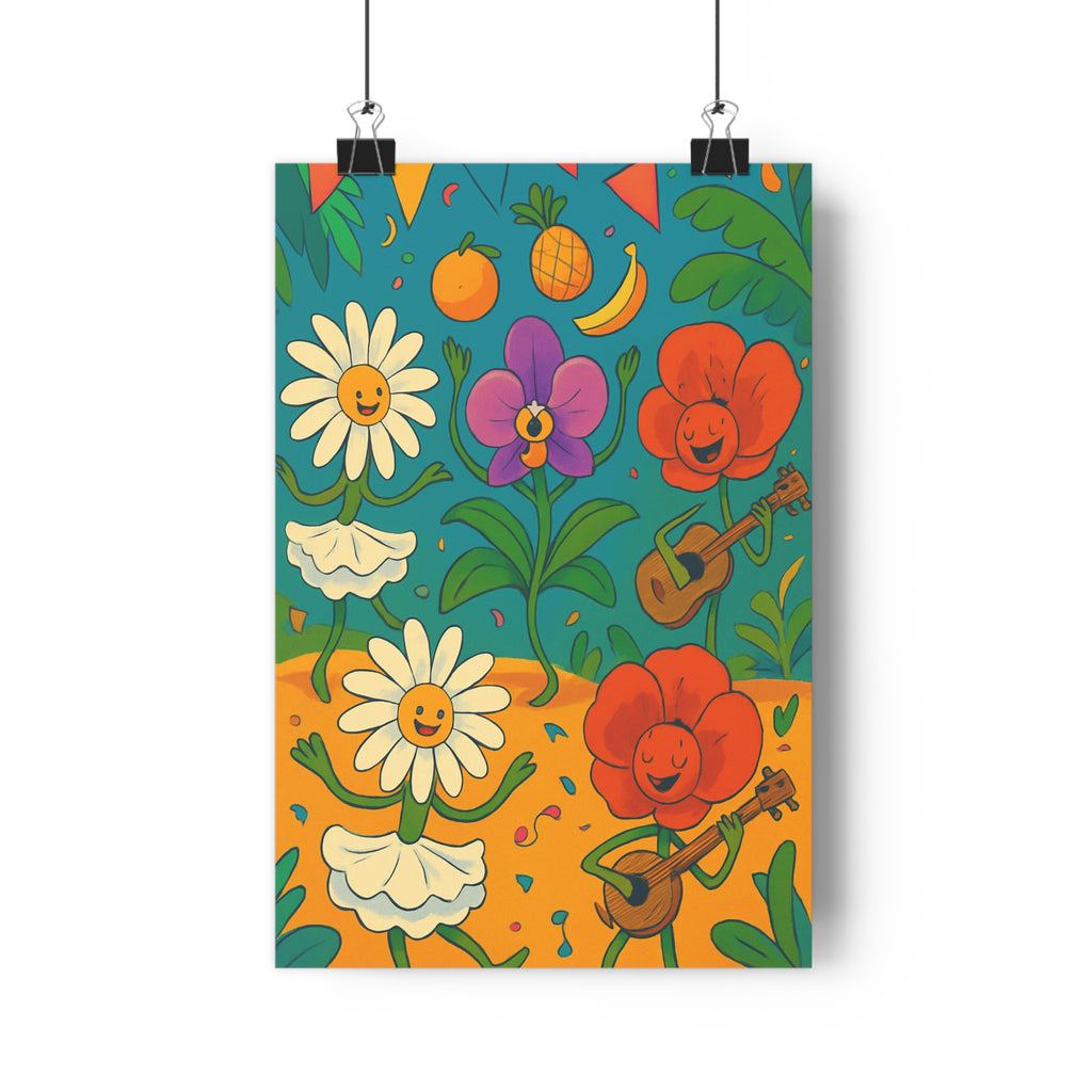 Poster décoratif cartoon fleurs coloré joyeux salon chambre enfant jaune vert orange ambiance festive