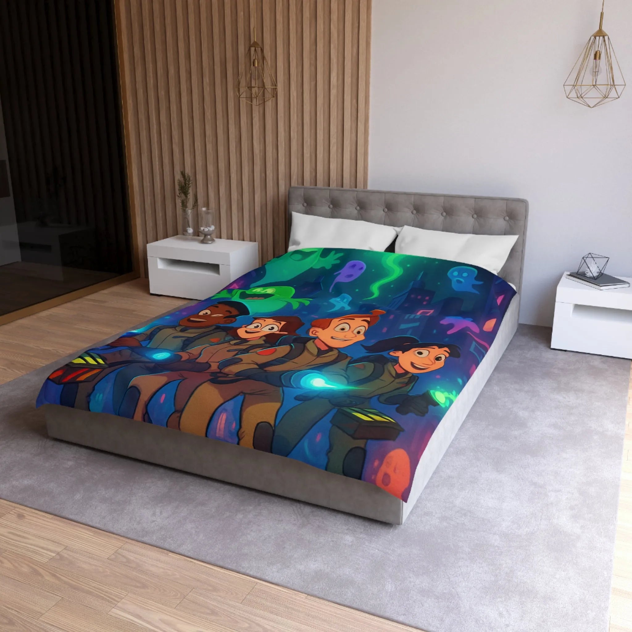 Housse de couette fantômes stylisés chasseurs de spectres pour chambre d'enfant joyeuse et colorée