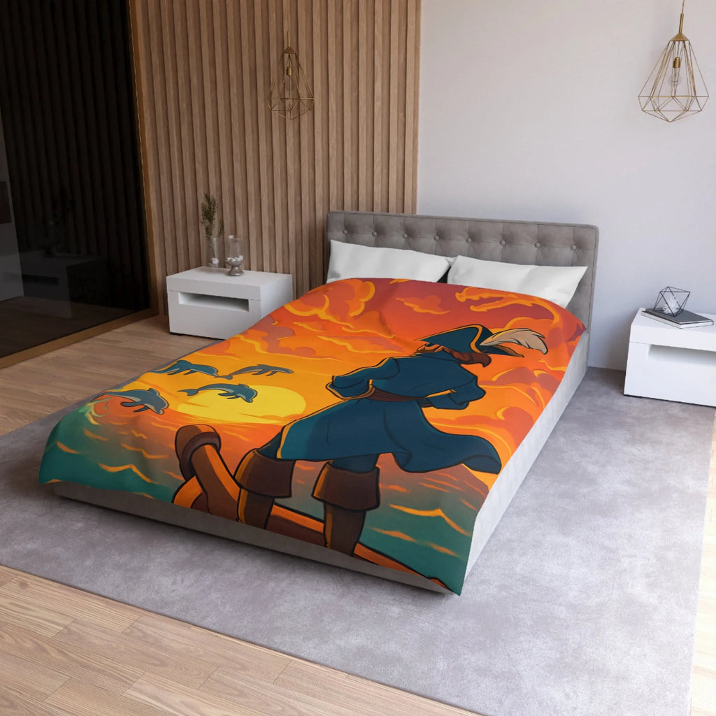 Housse de couette avec pirate contemplant dauphins sous ciel flamboyant au coucher du soleil