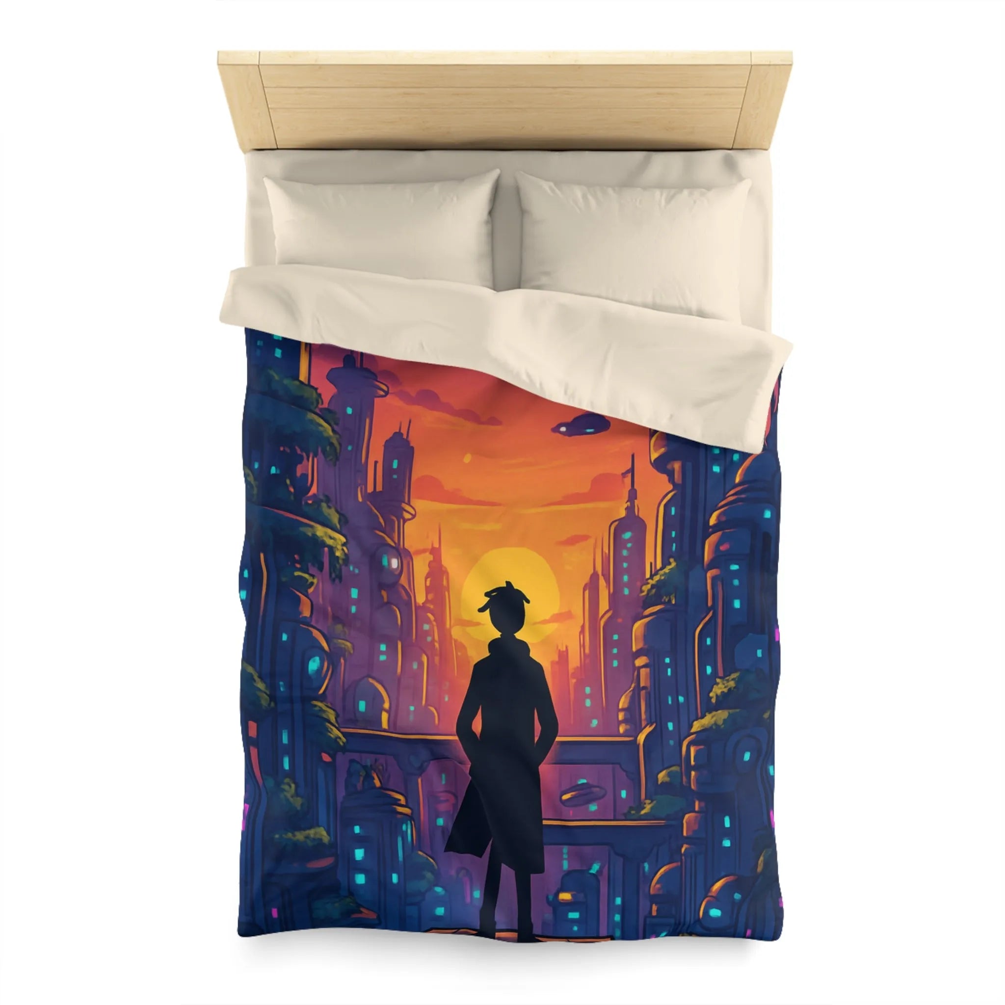 Housse de Couette Futuriste avec Paysage Urbain et Ciel Étoilé Orange et Bleu