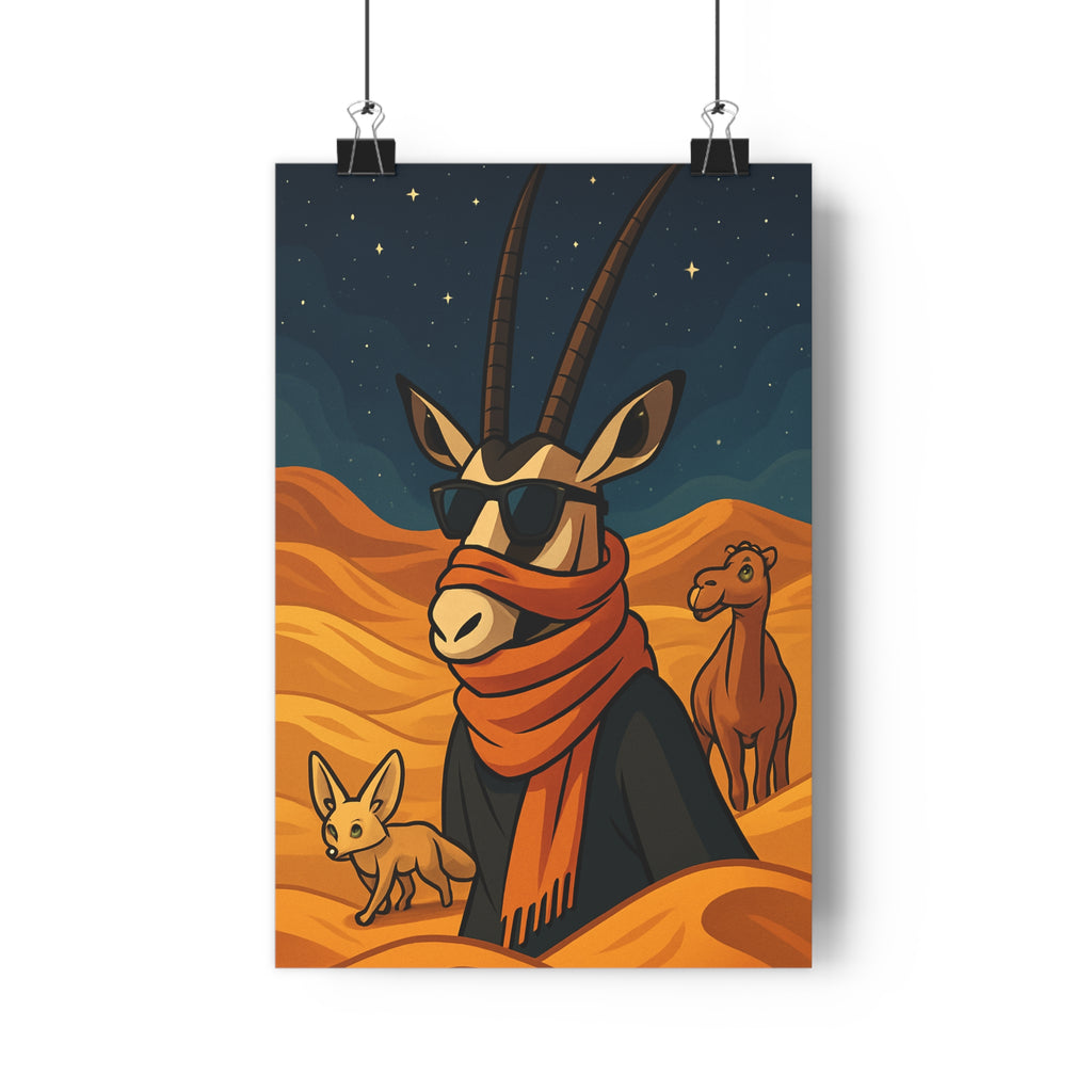 Poster décoratif cartoon désert aventure oryx fennec chameau sable étoiles chambre salon unique qualité