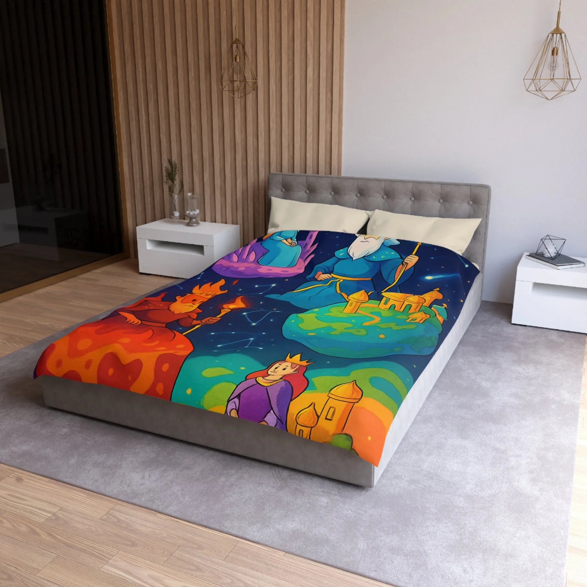 Housse de Couette Imaginaire avec Rois et Reines sur Planètes Mystiques Étoilées