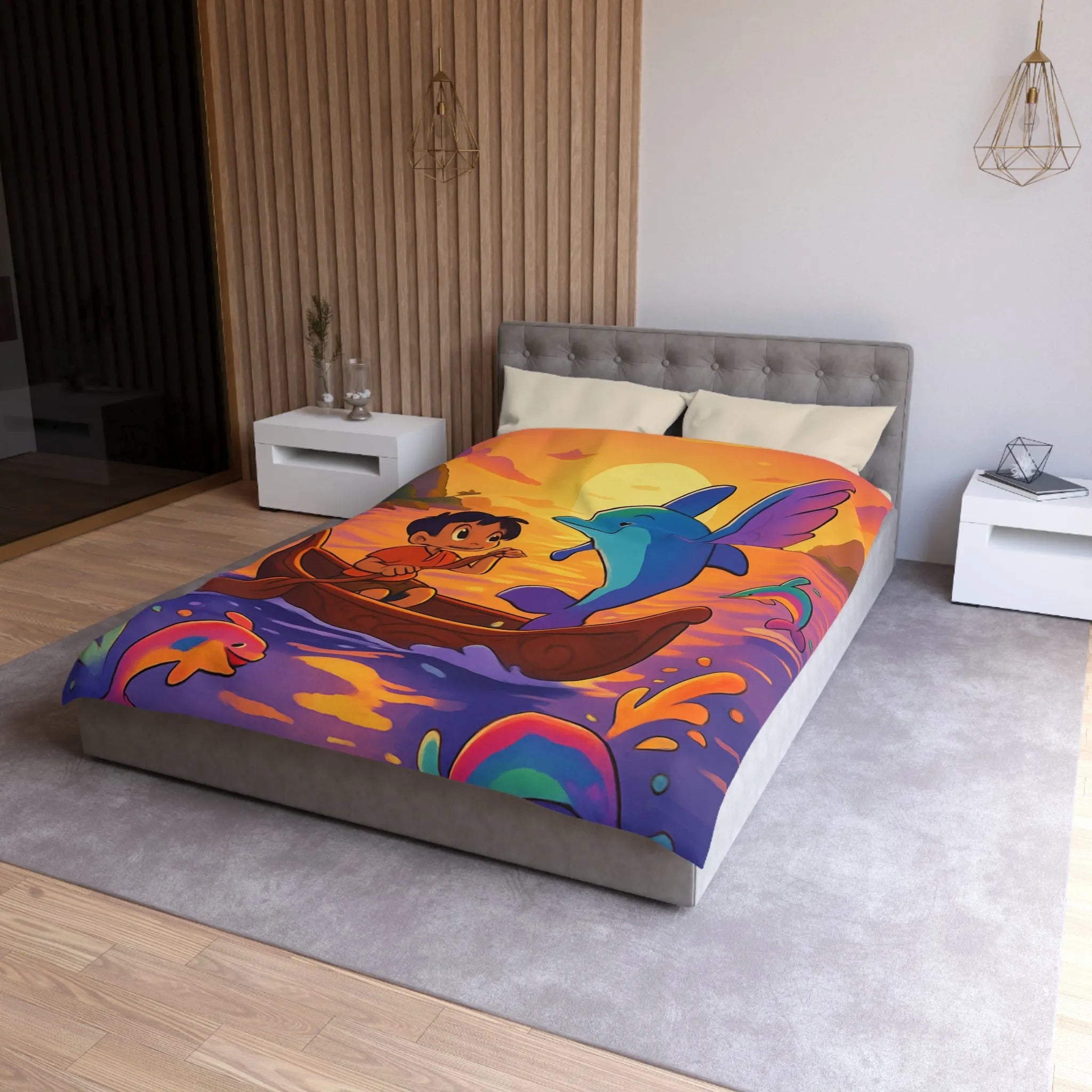Housse de Couette Enfant : Dauphin Bleu, Aventure en Barque, Coucher de Soleil