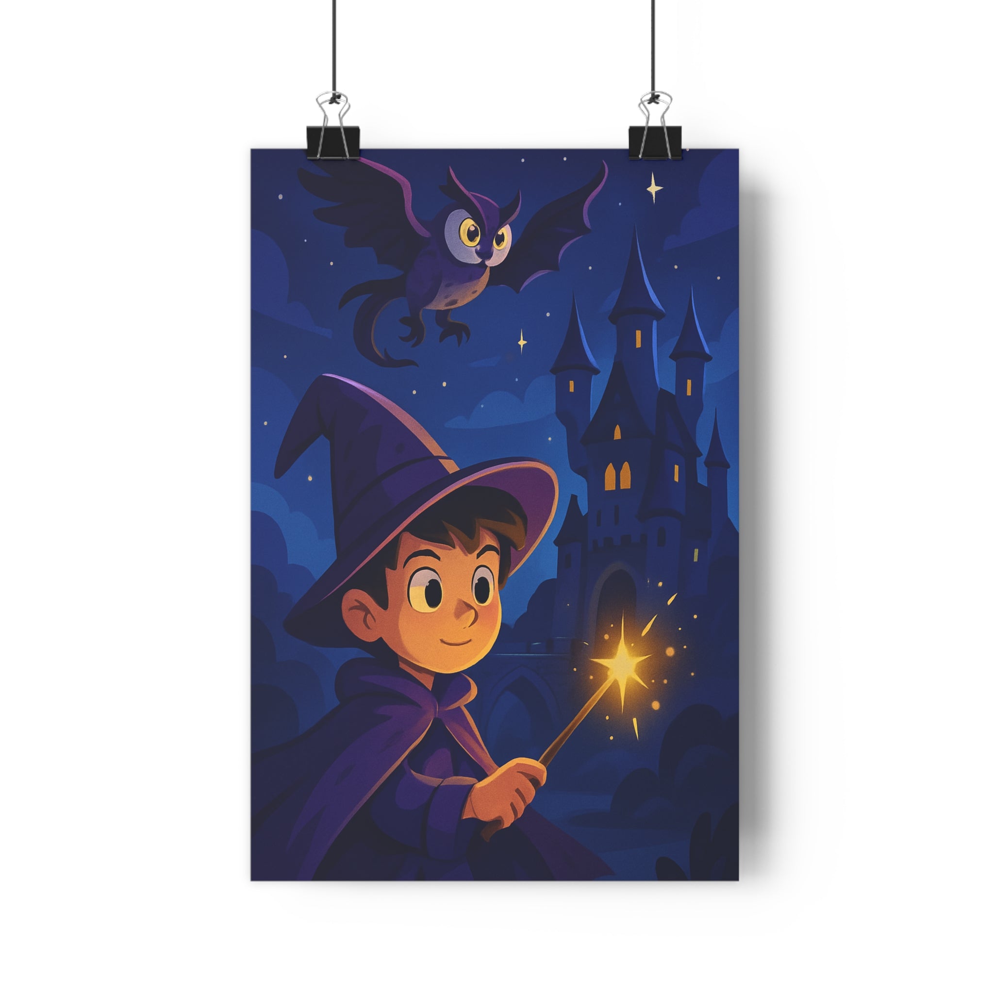 Poster décoratif animé bleu violet mystique sorcier magie enfant chambre hibou château étoilé qualité