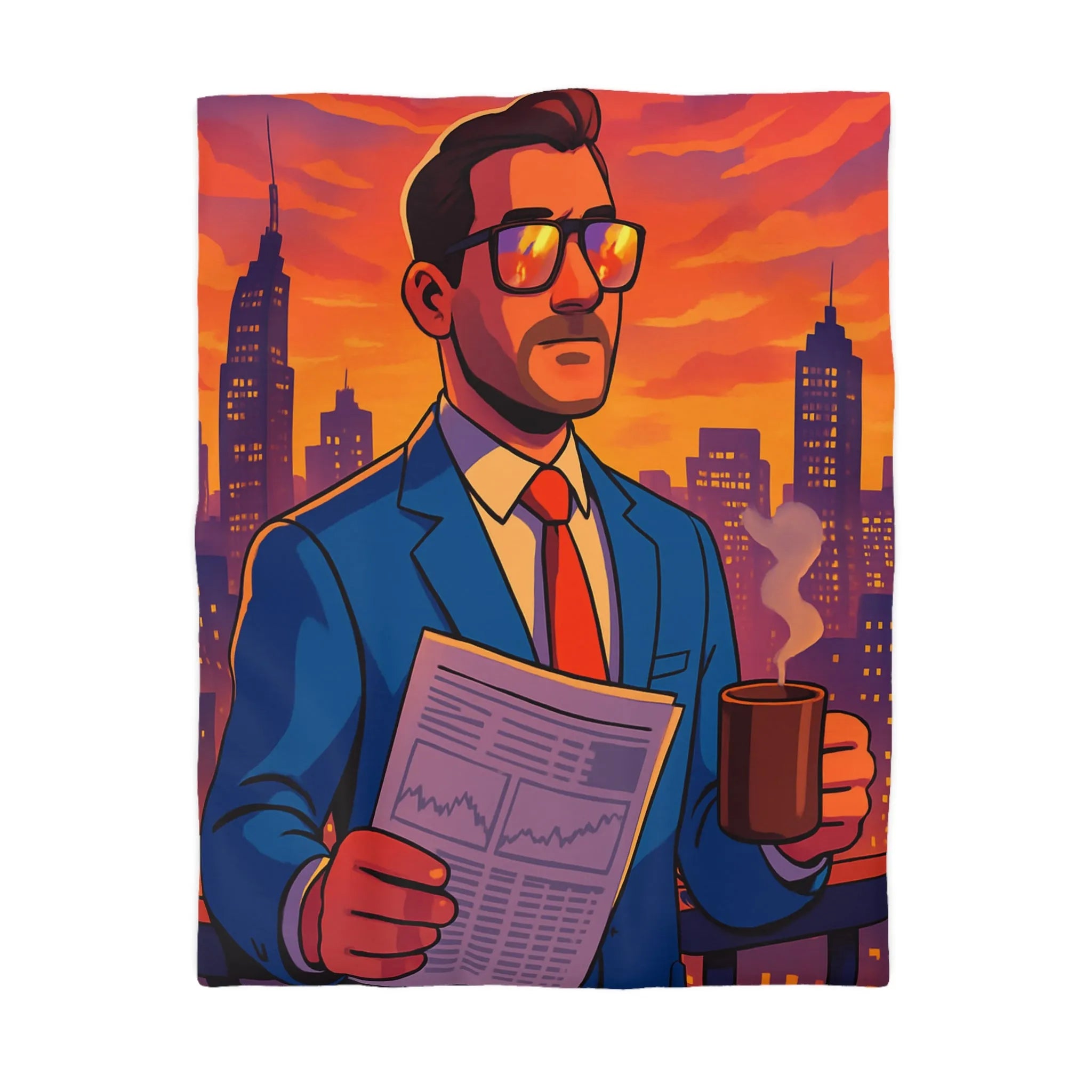 Housse de couette élégante avec silhouette urbaine et homme au coucher de soleil