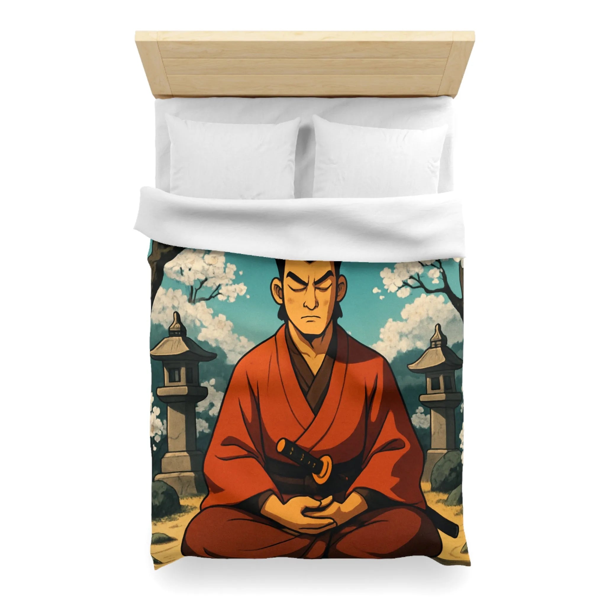 Housse de couette avec design de méditation sereine sous cerisiers en fleurs