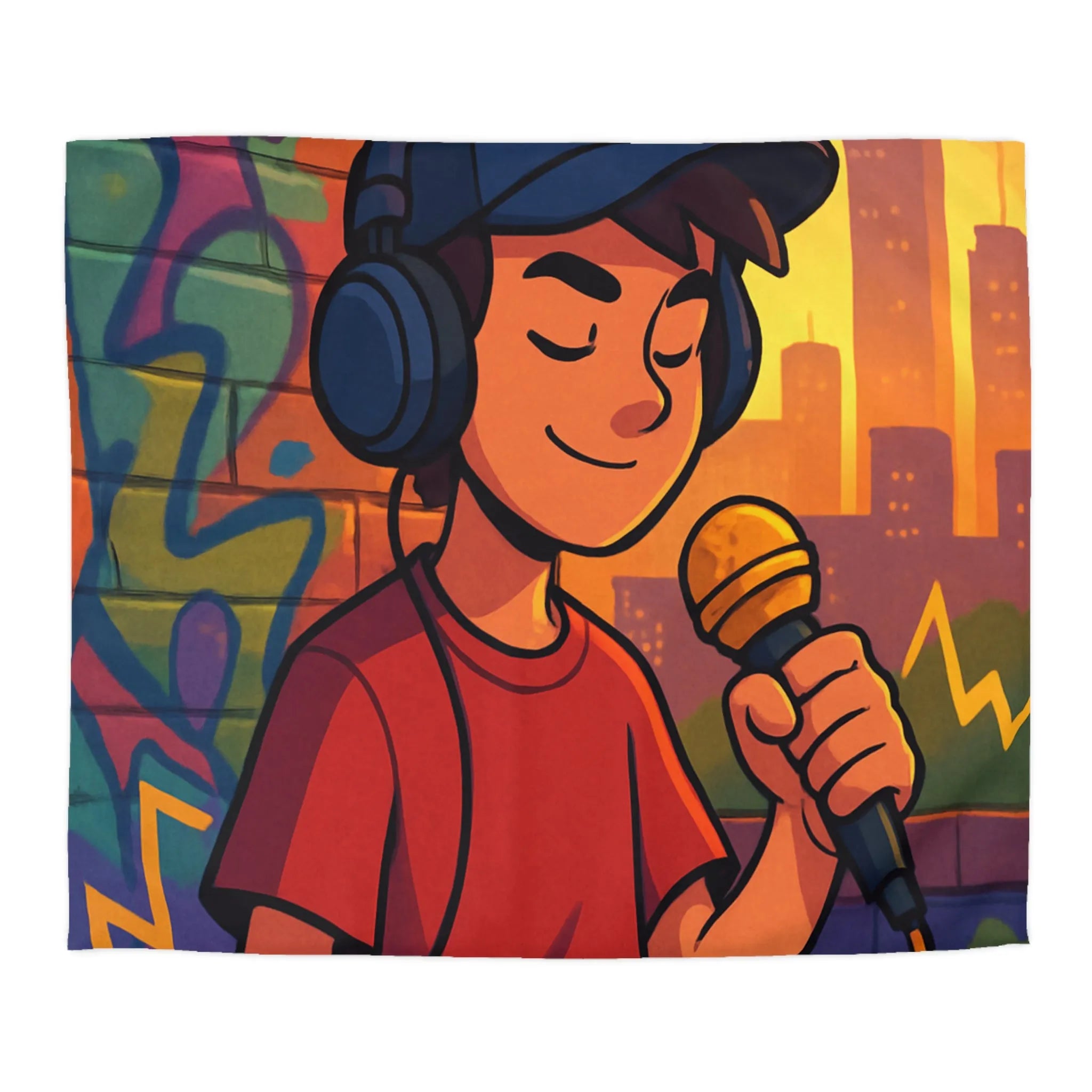 Housse de couette graphique urbaine avec chanteur et microphone sur fond coloré