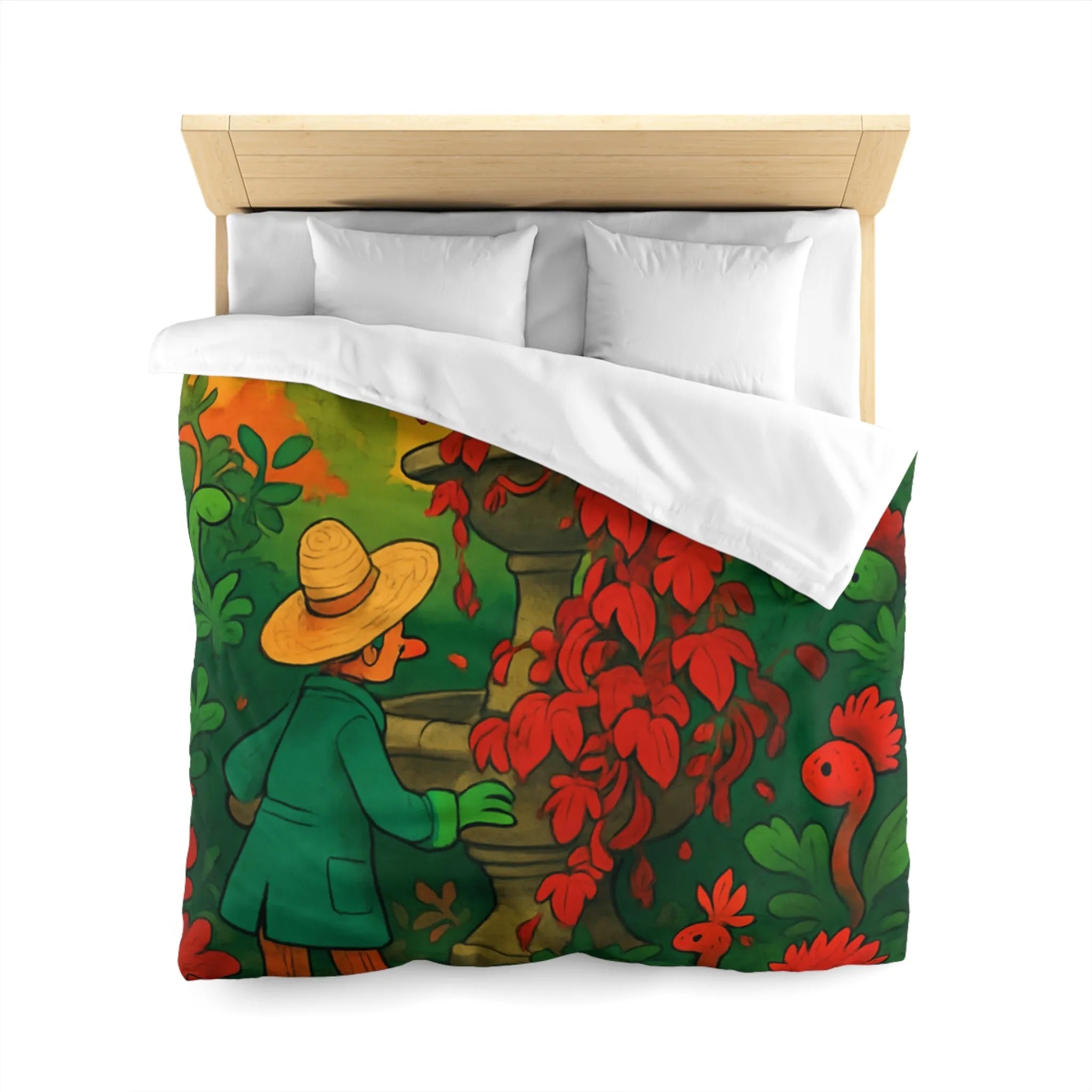 Housse de couette jardin enchanté avec fontaine et fleurs rouges pour chambre colorée