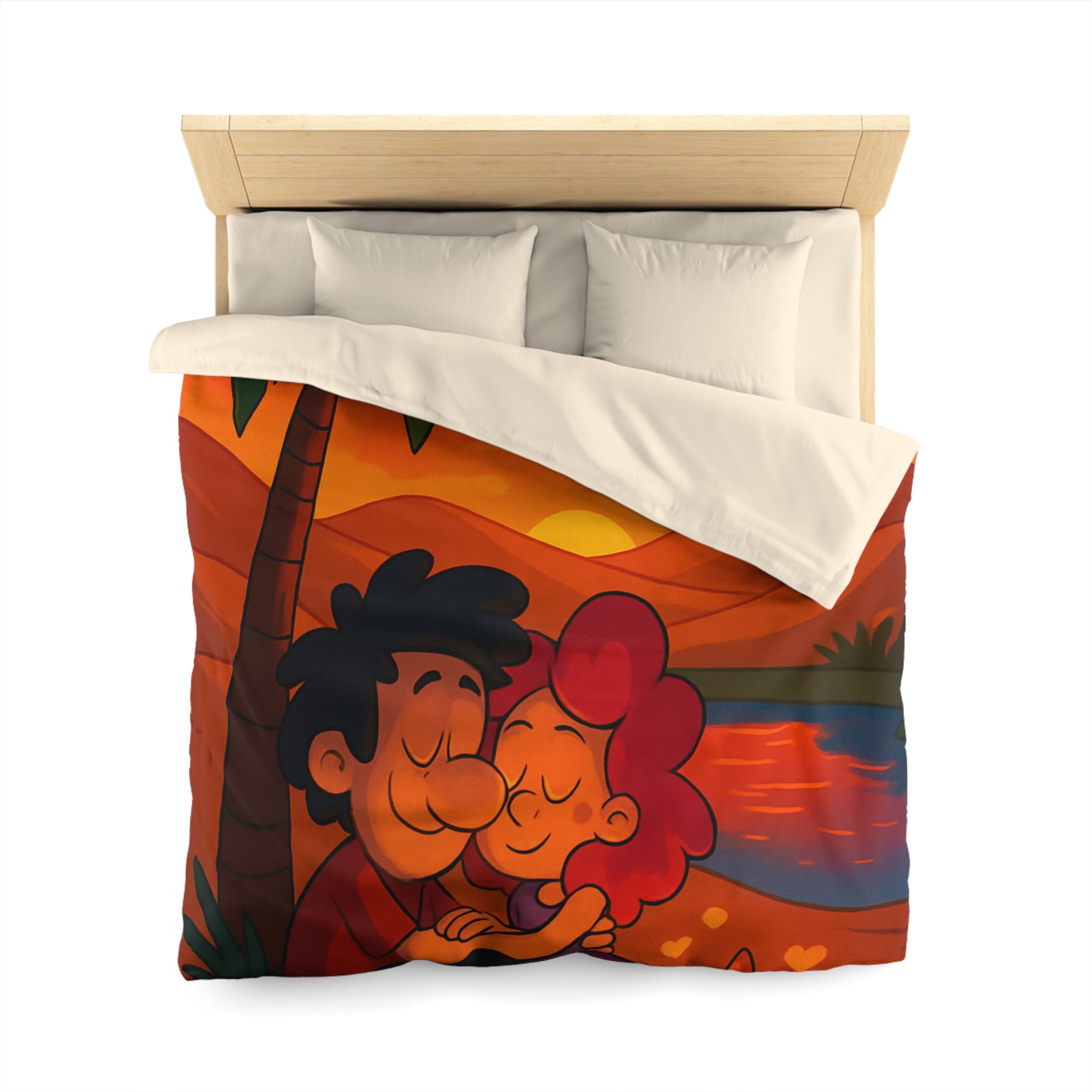 Housse de couette romantique avec couple câlin et coucher de soleil magique désertique