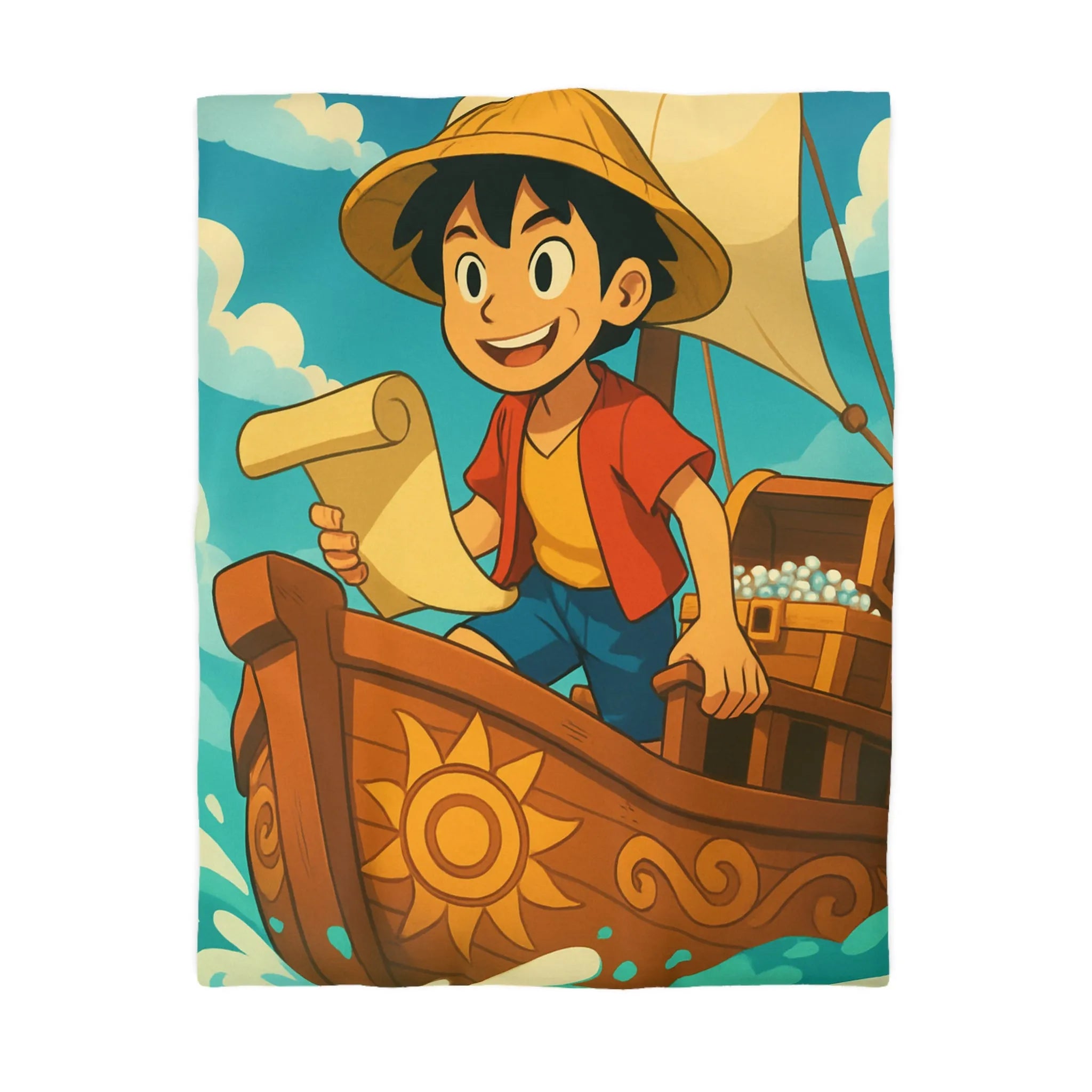 Douce housse de couette enfant motif pirate joyeux en bateau sur vagues bleues