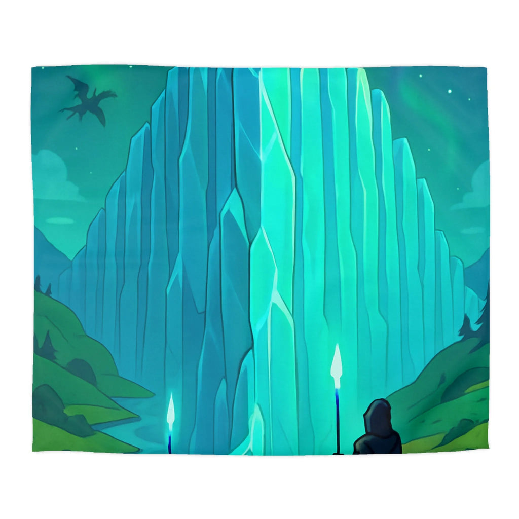 Housse de couette fantastique avec cristal géant et silhouettes de dragons au crépuscule