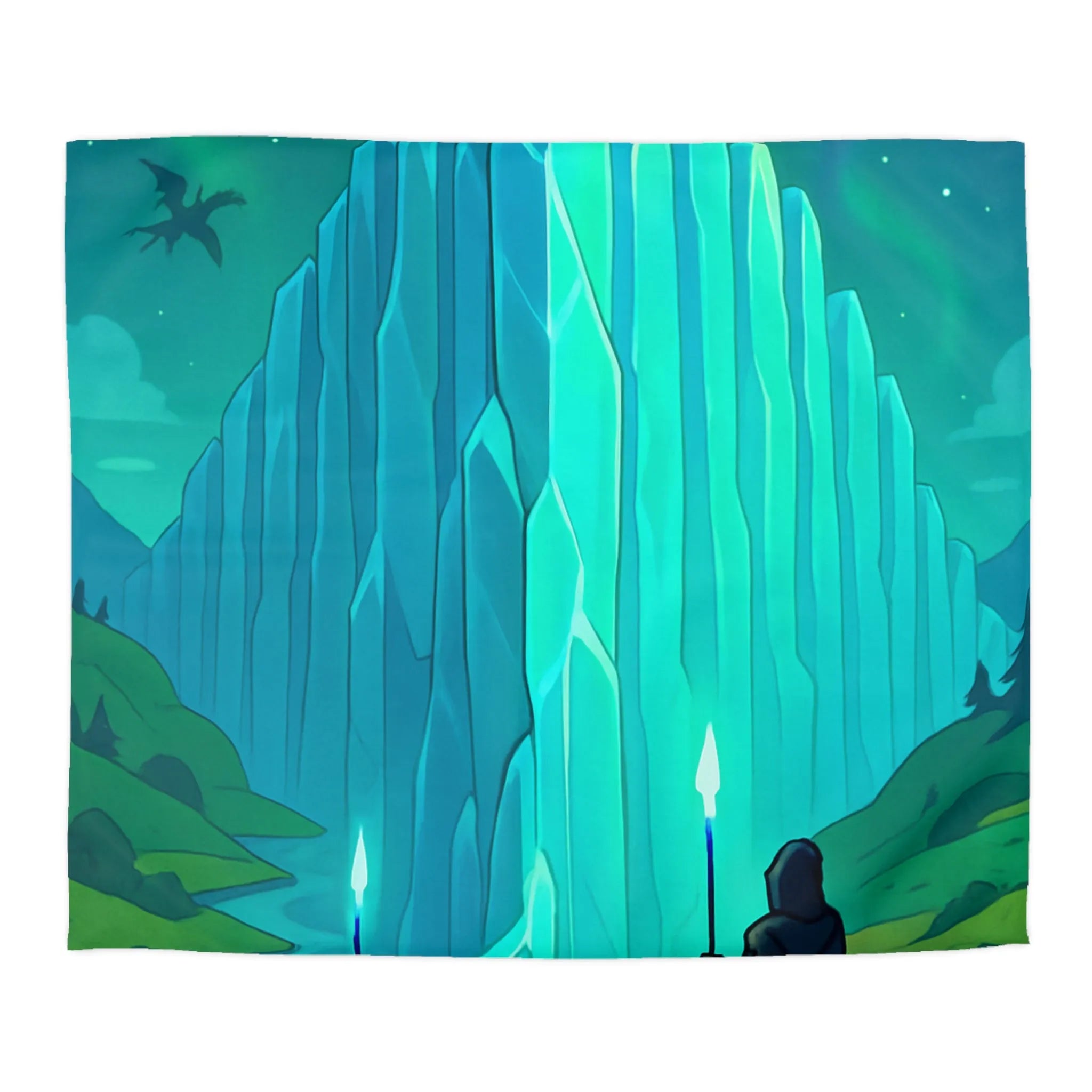 Housse de couette fantastique avec cristal géant et silhouettes de dragons au crépuscule