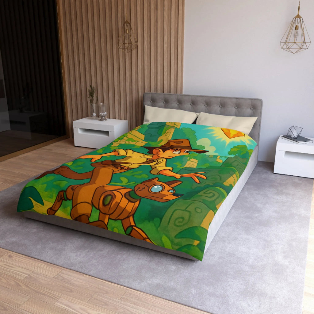 Housse de couette aventure jungle avec personnage explorateur et chien robotique animé