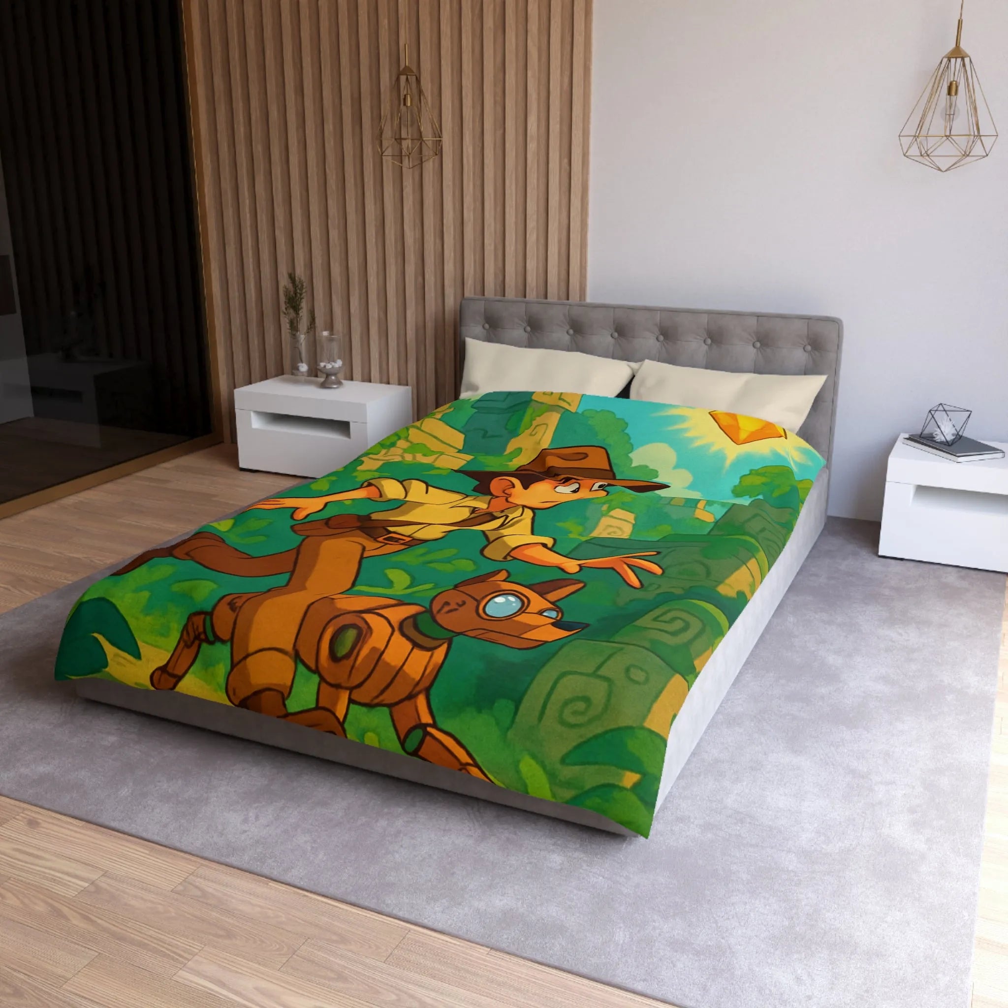 Housse de couette aventure jungle avec personnage explorateur et chien robotique animé