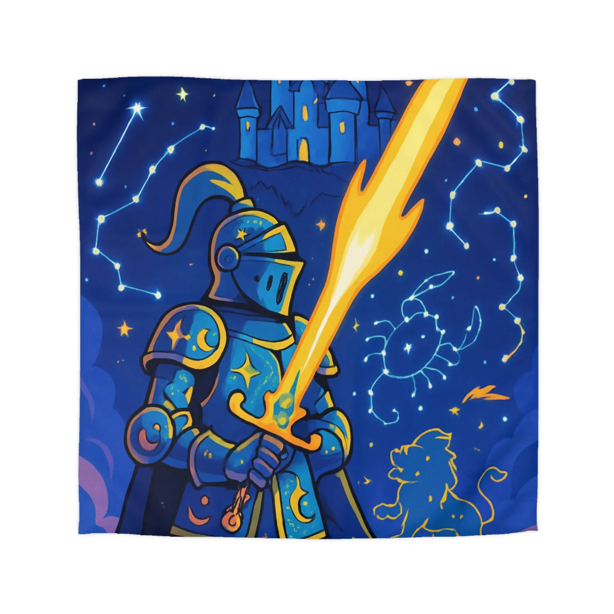 Housse de couette ludique pour chambre enfant avec chevalier et constellations étoilées magiques