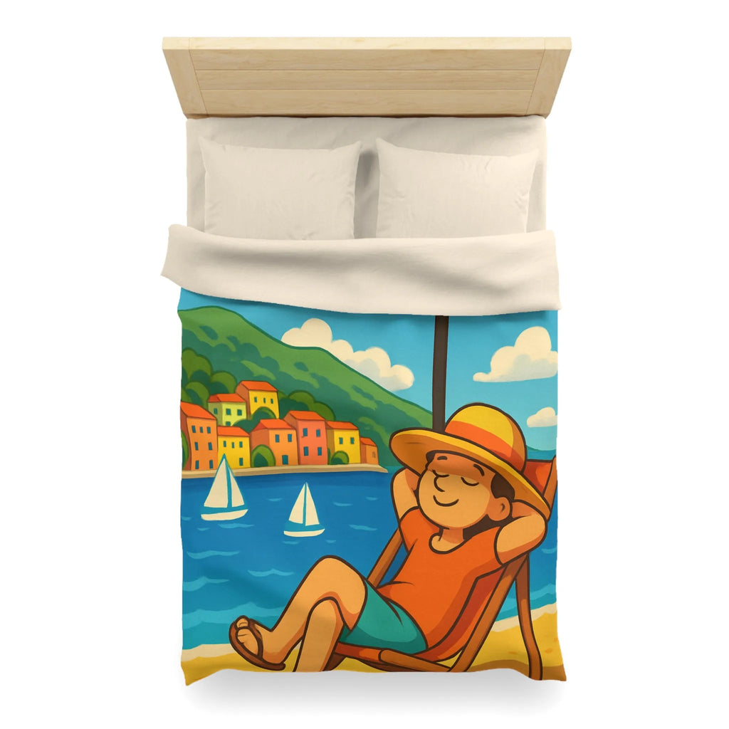 Housse de Couette Colorée Plage avec Parasol, Mer et Voiliers Décontractés Illustration