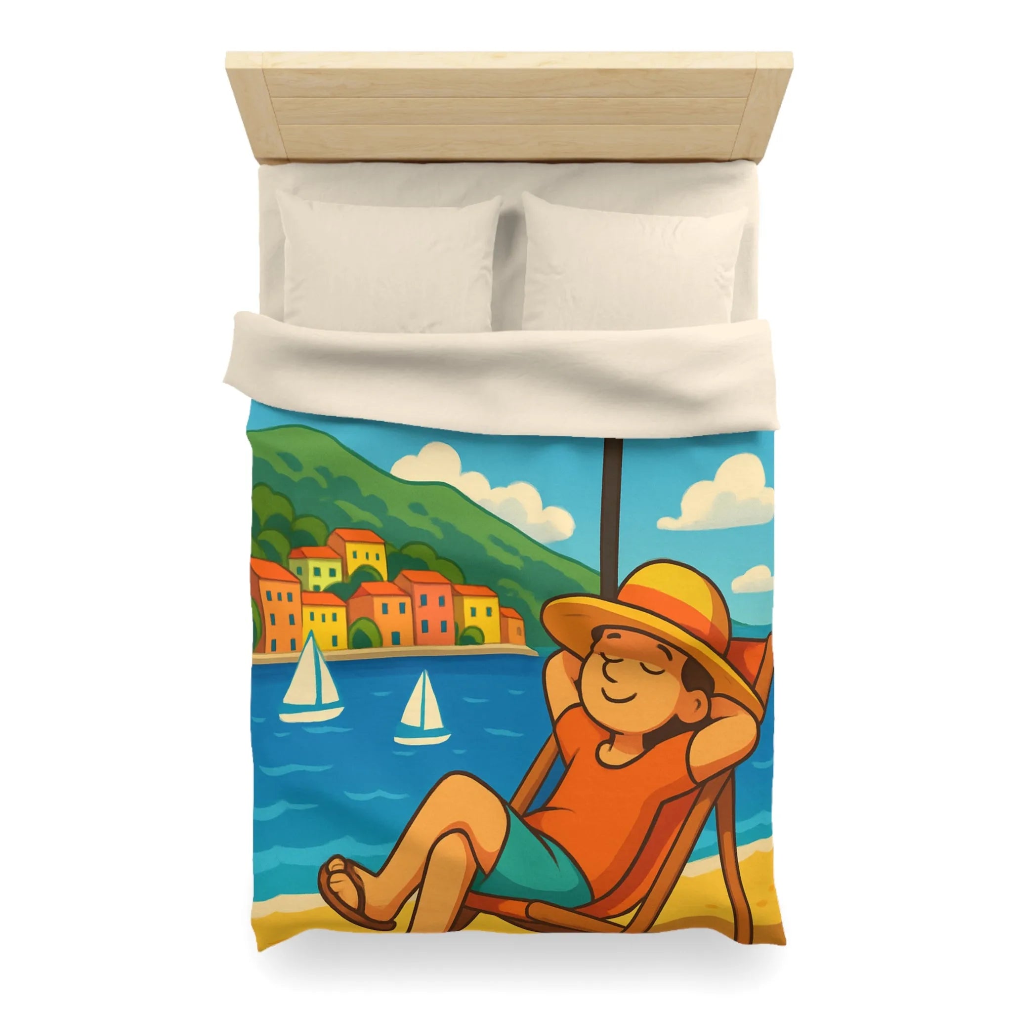 Housse de Couette Colorée Plage avec Parasol, Mer et Voiliers Décontractés Illustration