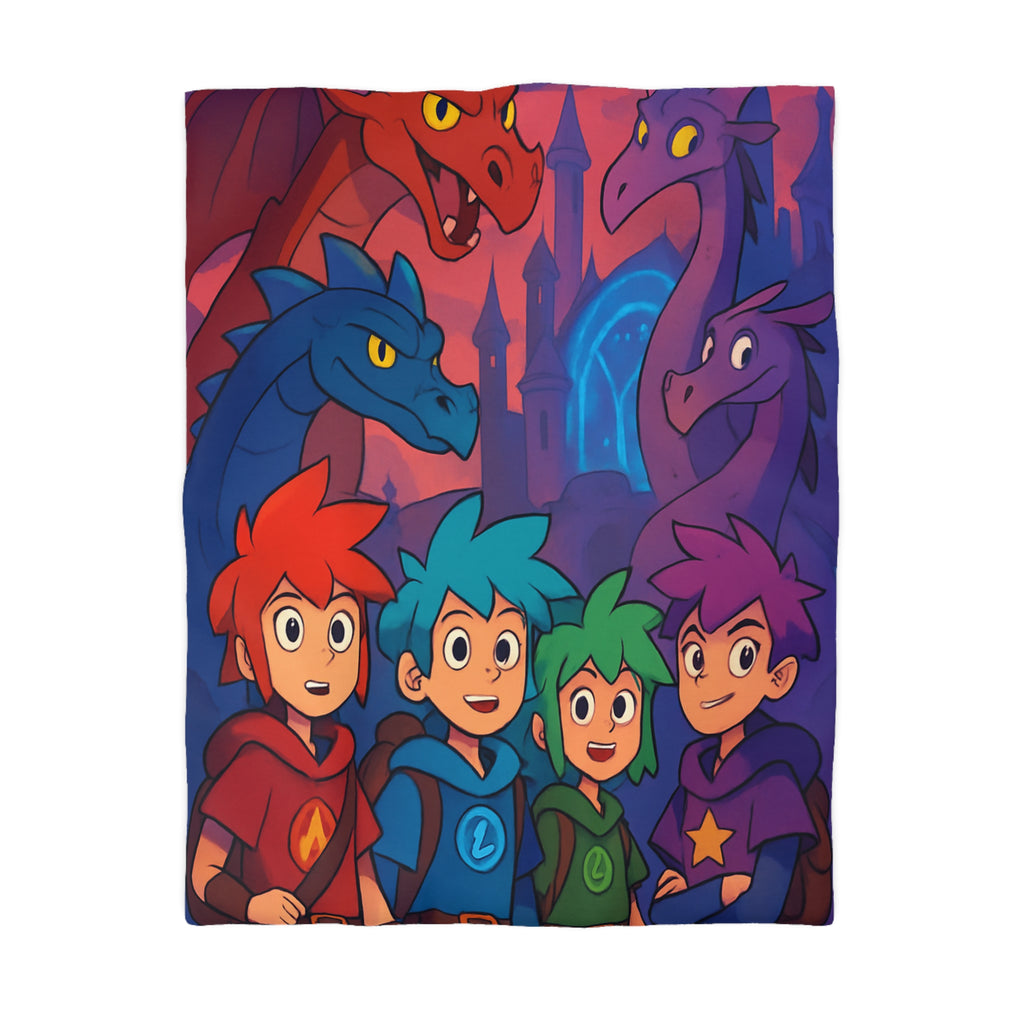 Quatre aventuriers et dragons devant château fantastique, parfait pour chambre d'enfant magique