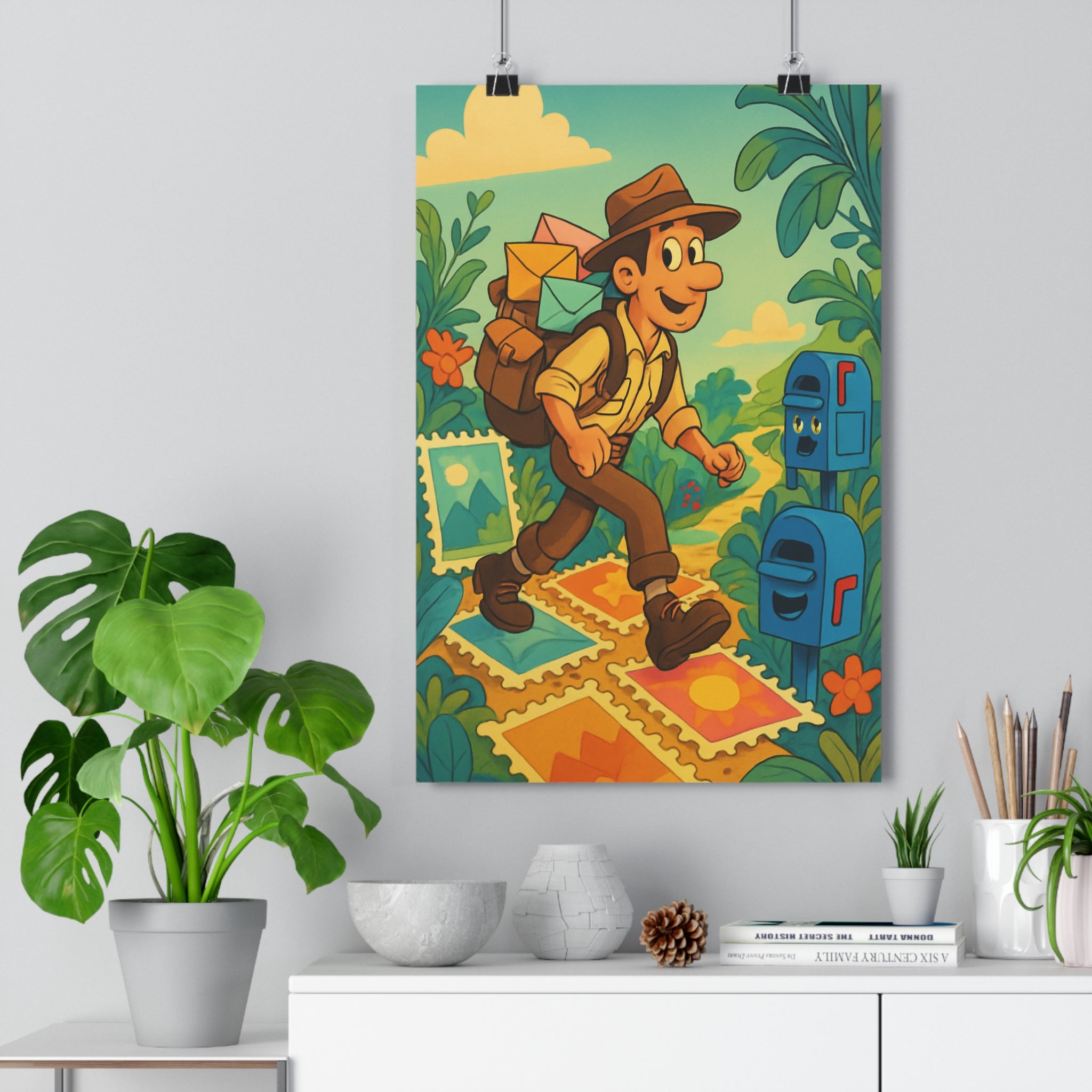 Poster décoratif aventurier cartoon pastel joyeux chambre enfant coloré enveloppes stylisé chemin nature fleurs