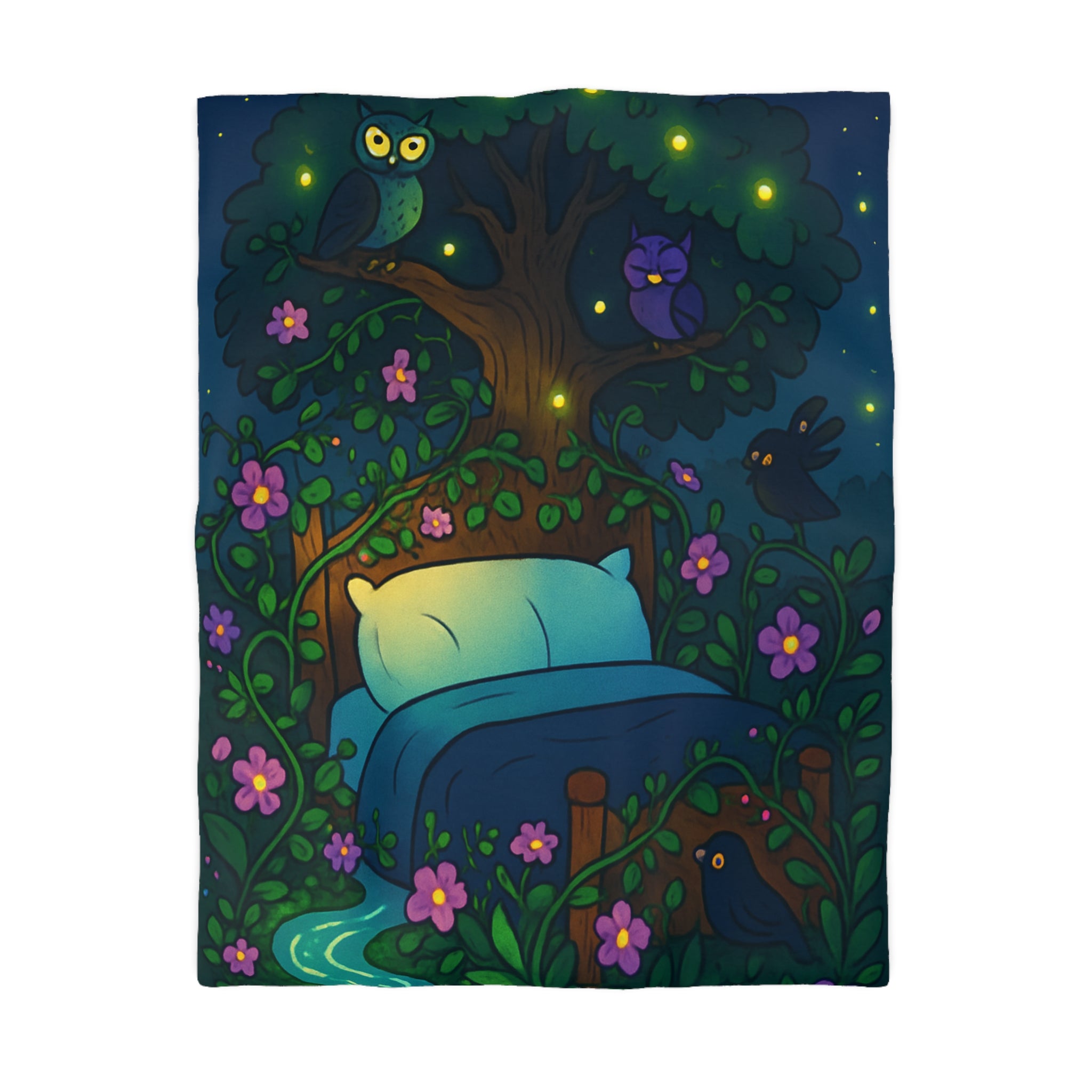Rêve magique dans une forêt nocturne avec lit et cours d'eau enchanté