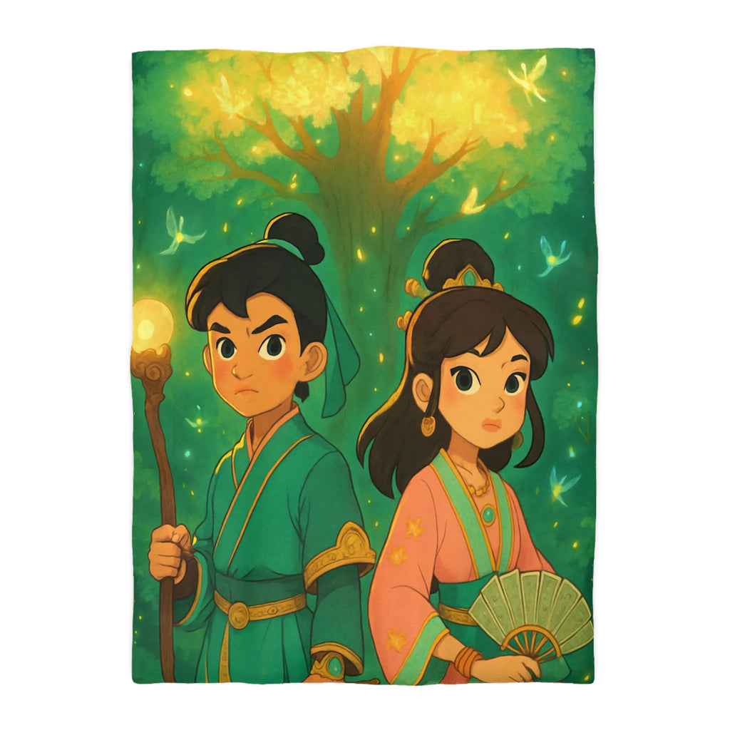 Housse de Couette Féérique Enfants avec Arbre Lumineux et Personnages Style Fantasy Coloré