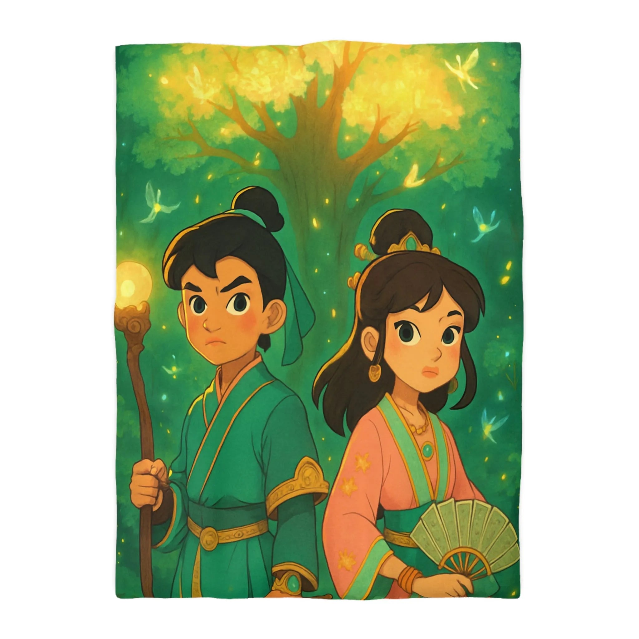 Housse de Couette Féérique Enfants avec Arbre Lumineux et Personnages Style Fantasy Coloré