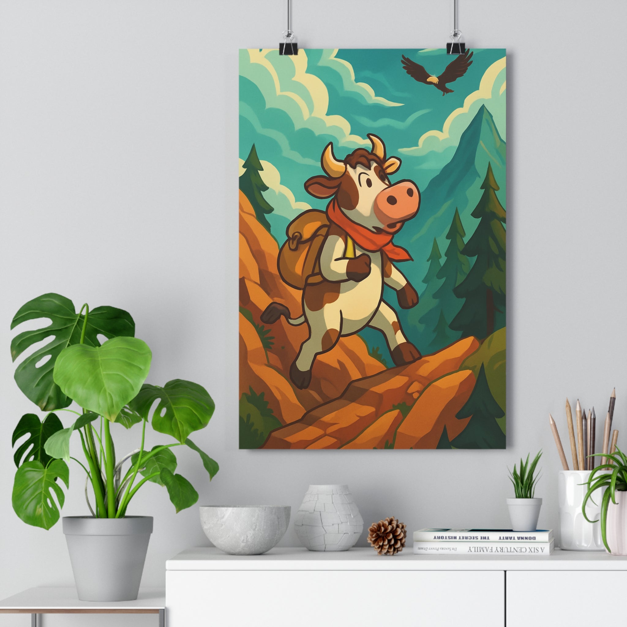 Poster décoratif cartoon bleu rouge aventure joyeux chambre enfant montagne vache aigle nature sapins